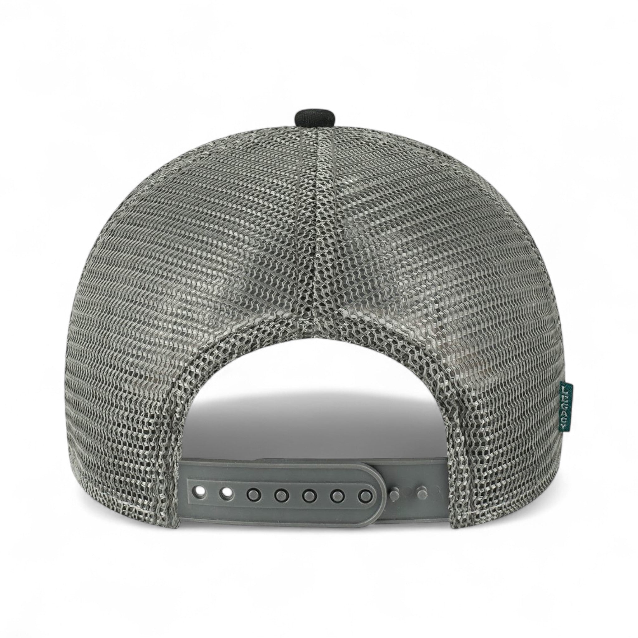 Back view of LEGACY MPS custom hat in black, caramel and dark grey