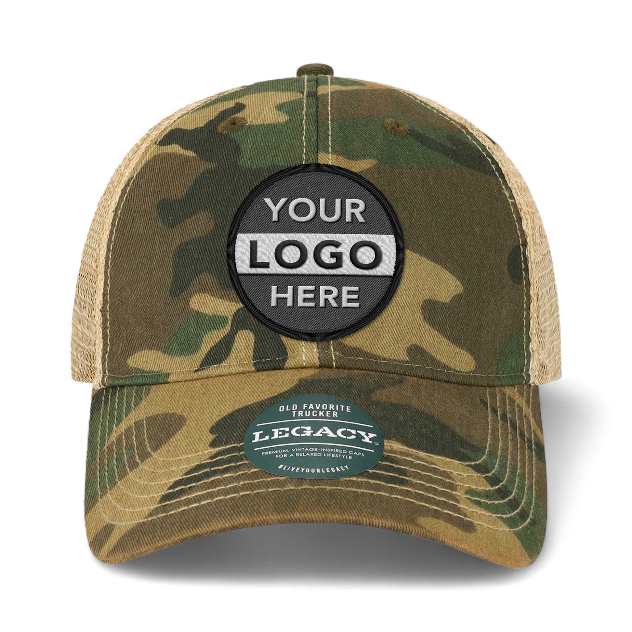 LEGACY OFAY custom embroidered patch hat in army camo and khaki