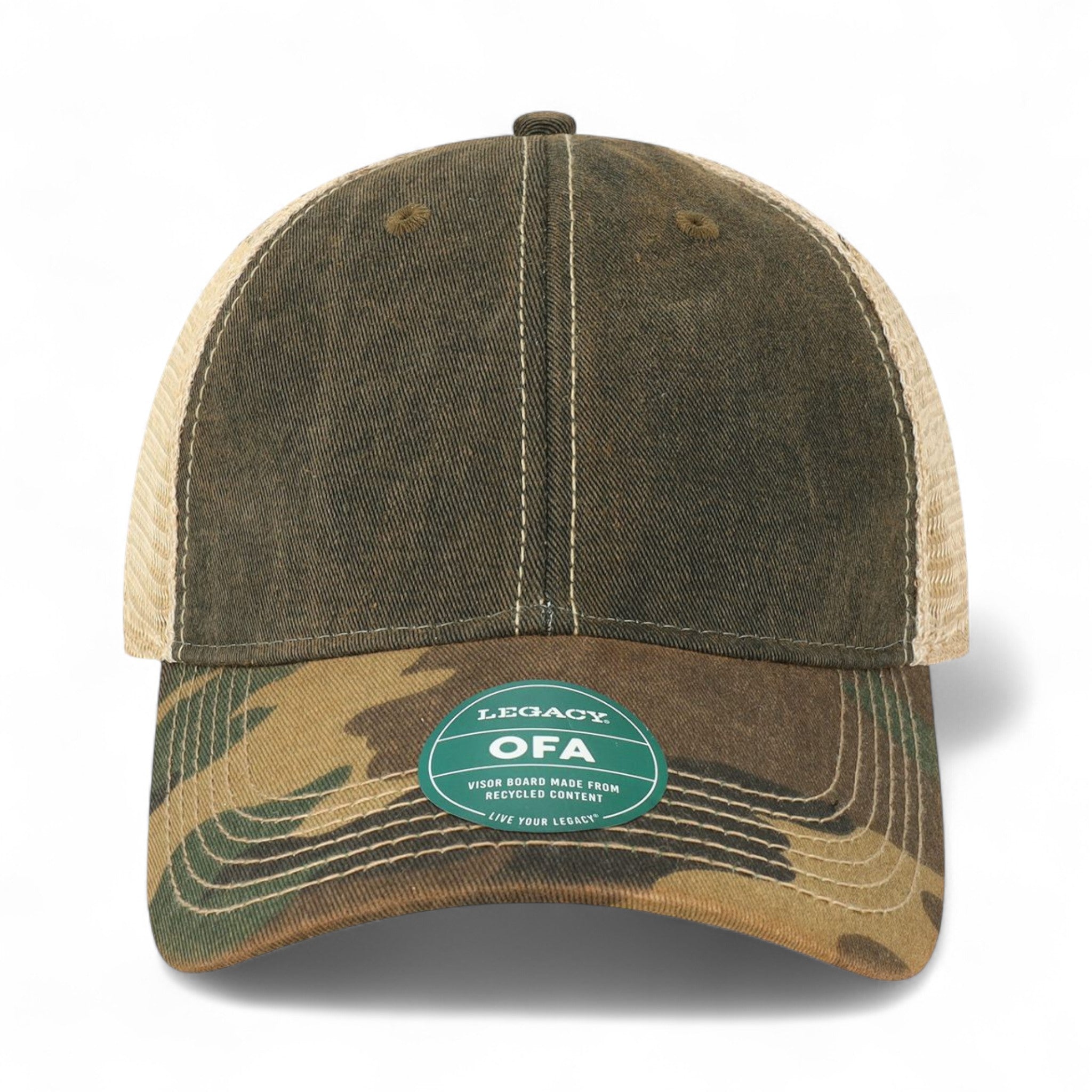 Front view of LEGACY OFA custom hat in black, army camo and khaki