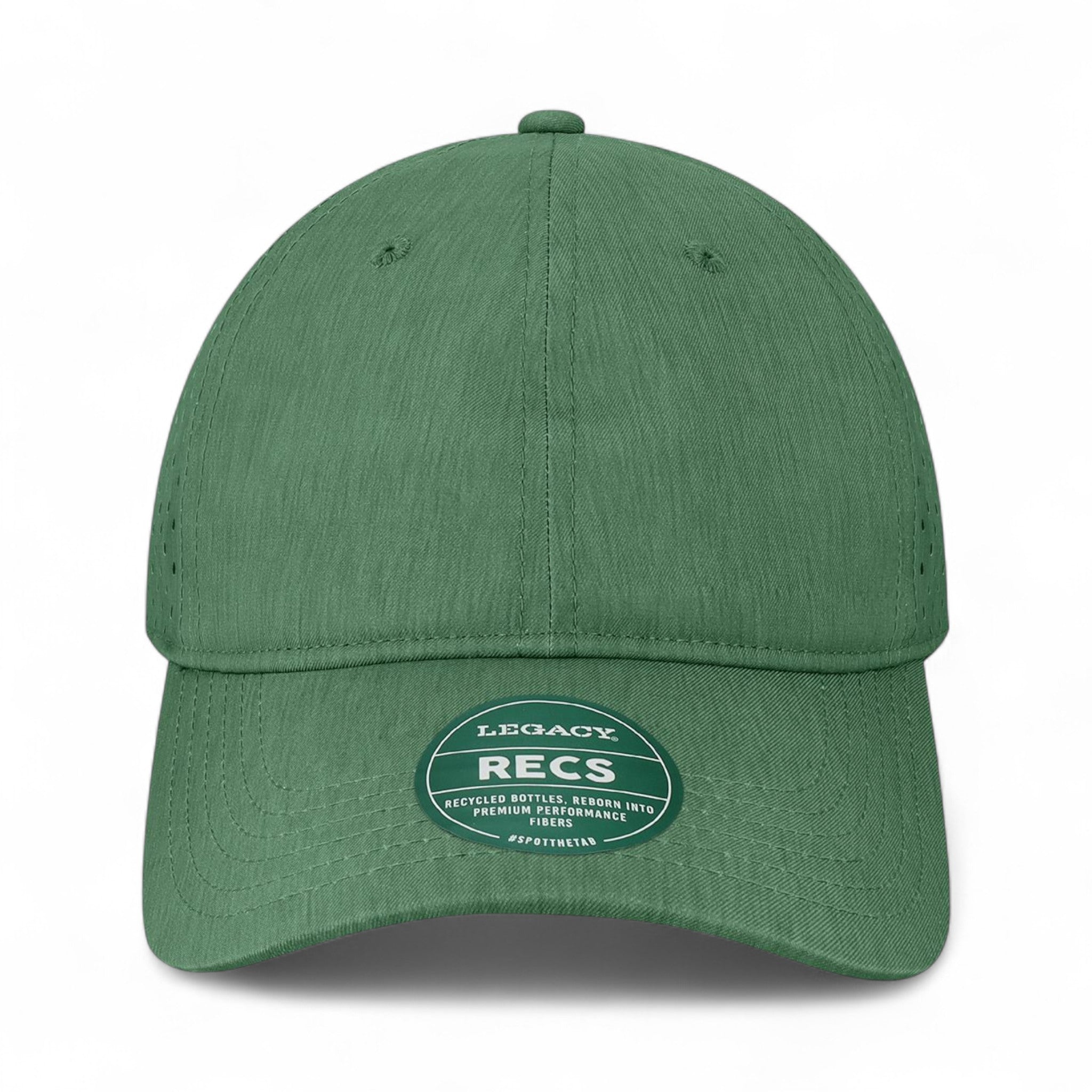 Front view of LEGACY RECS custom hat in eco dark green