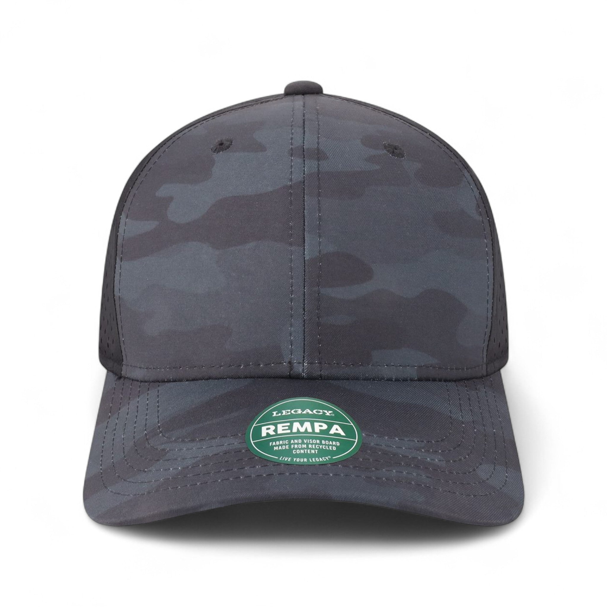 Front view of LEGACY REMPA custom hat in black camo