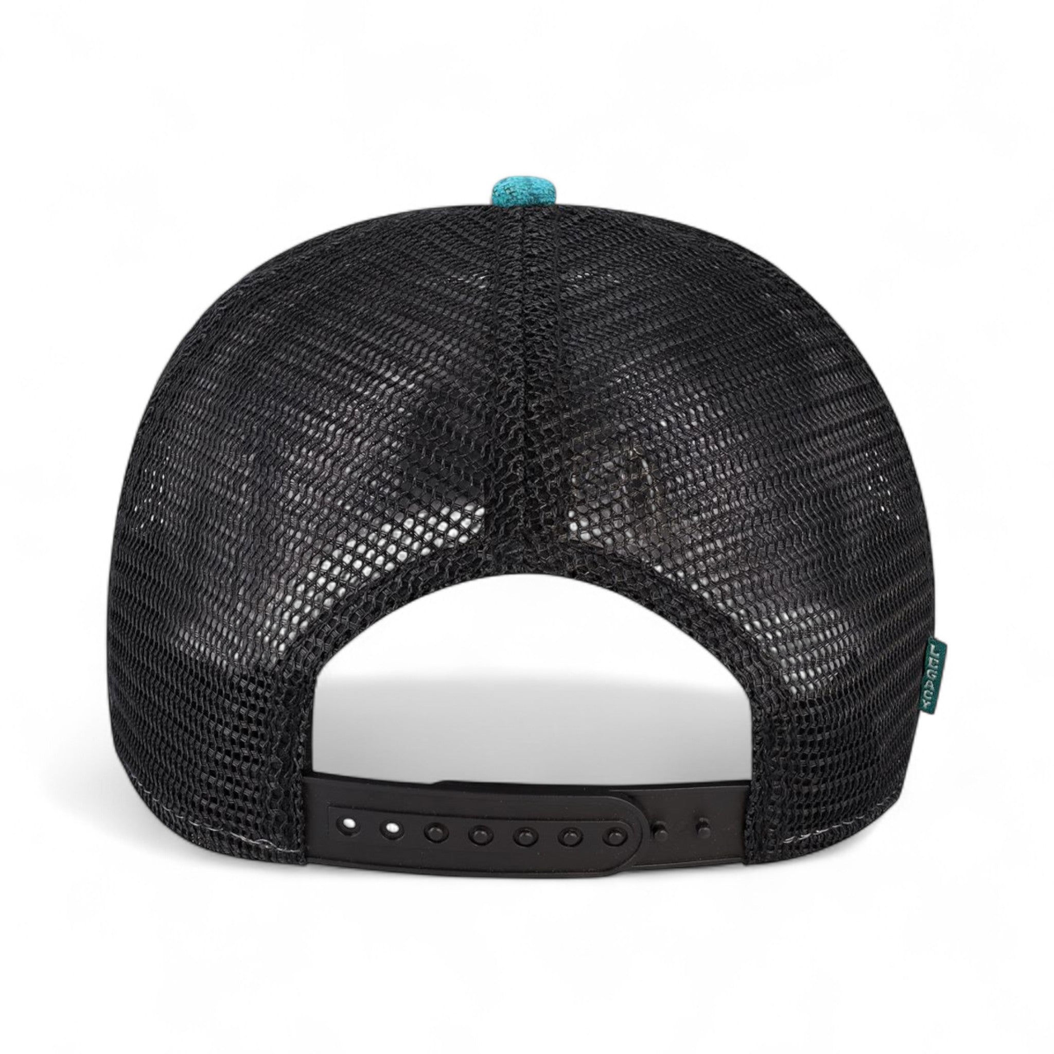 Back view of LEGACY ROADIE custom hat in aqua aztec and black