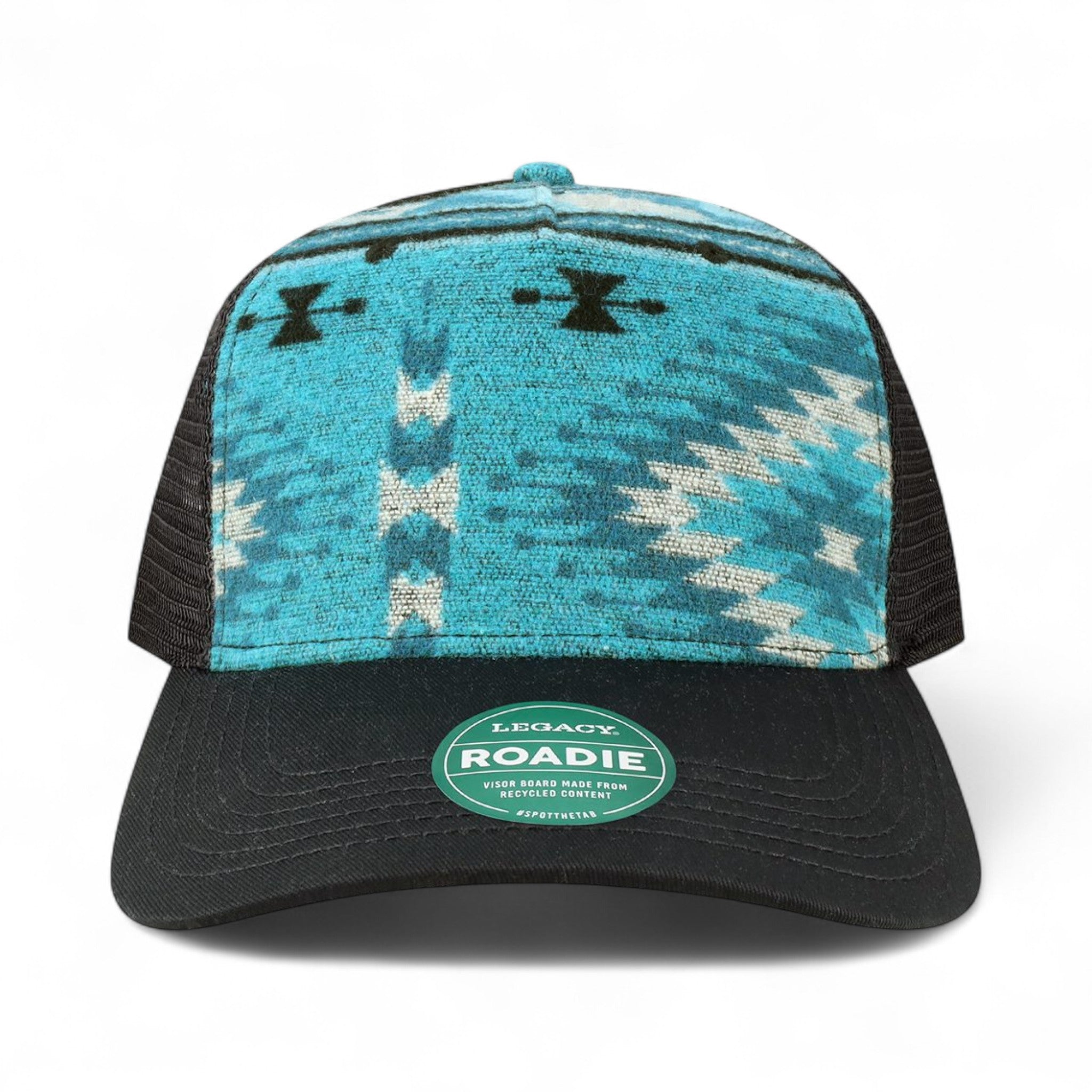 Front view of LEGACY ROADIE custom hat in aqua aztec and black