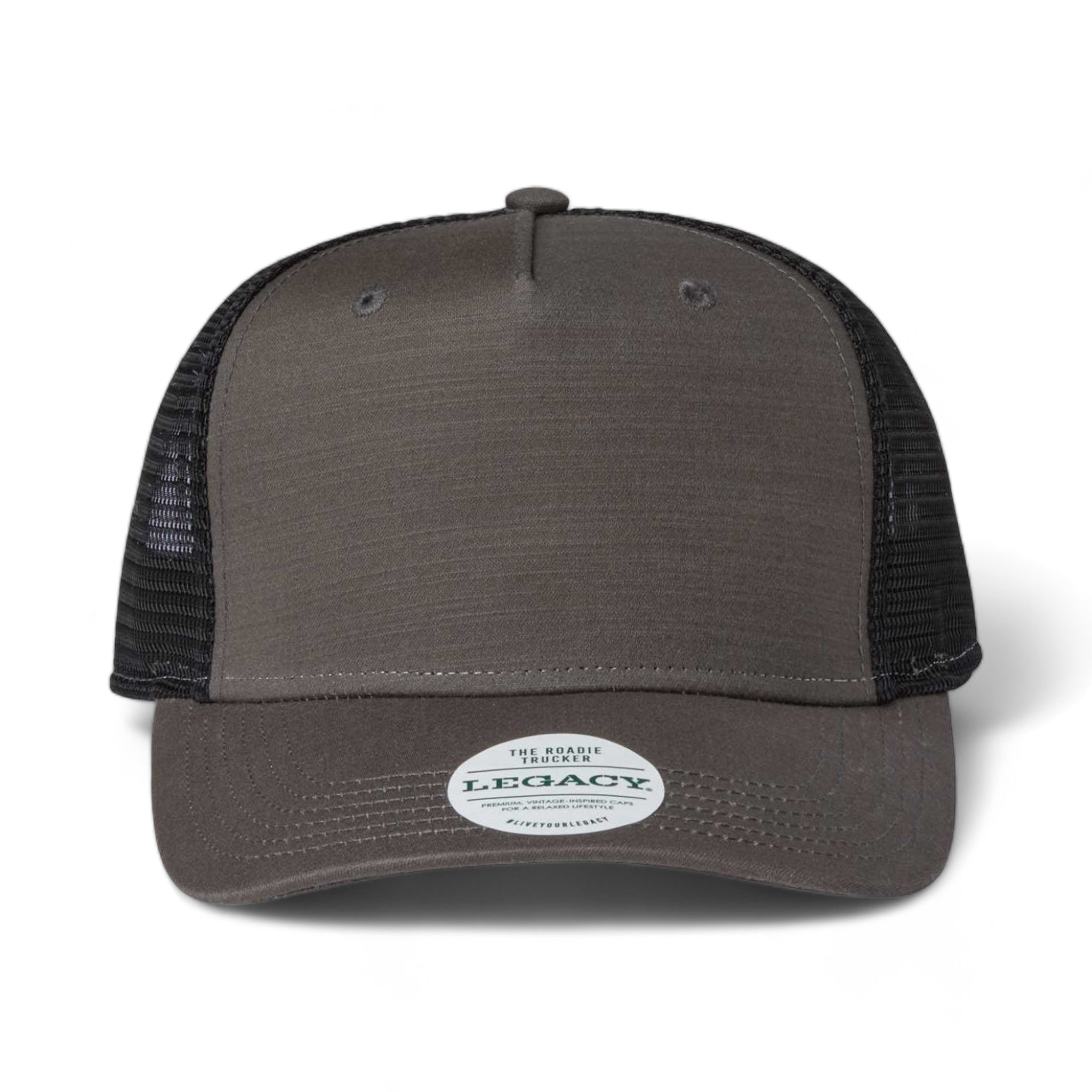 Front view of LEGACY ROADIE custom hat in charcoal slub and black