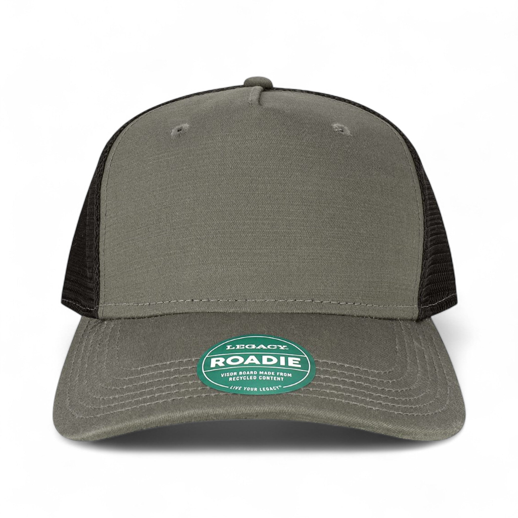 Front view of LEGACY ROADIE custom hat in charcoal slub and black