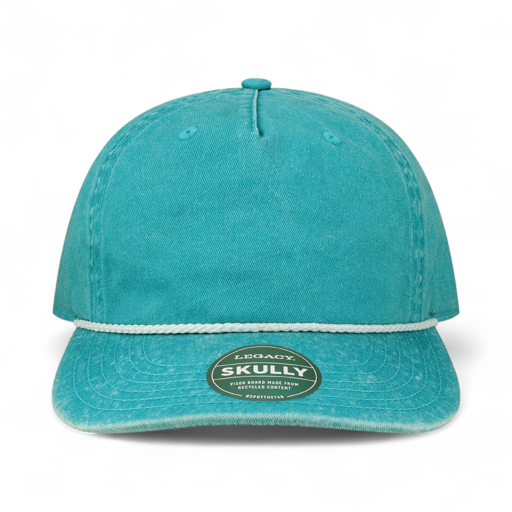 Front view of LEGACY SKULLY custom hat in aqua