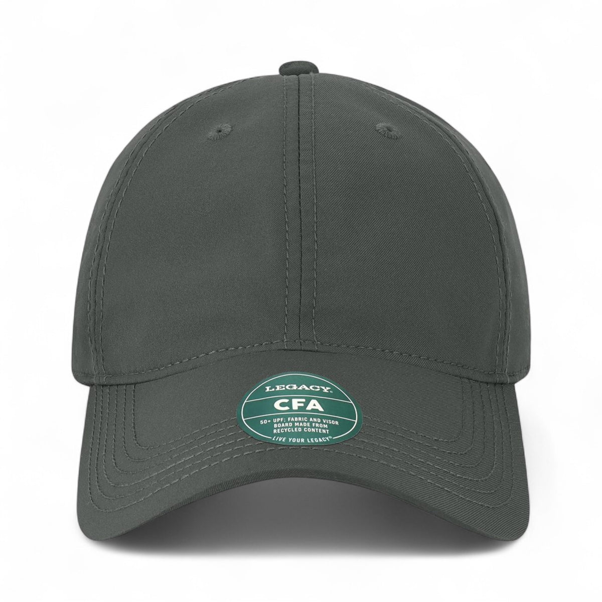 Front view of LEGACY CFA custom hat in dark grey
