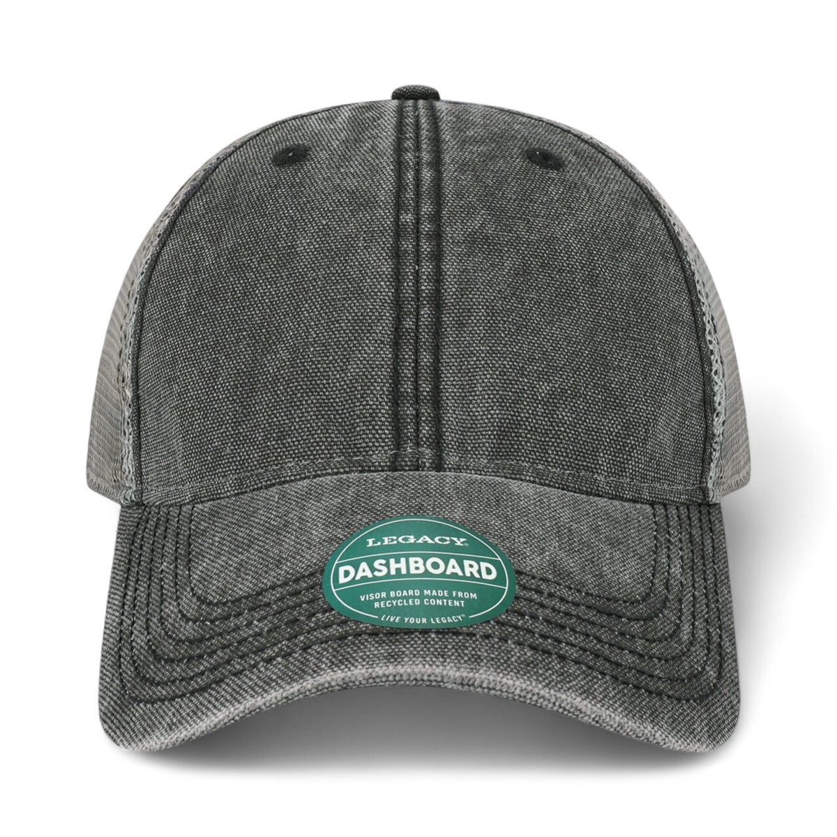 Front view of LEGACY DTA custom hat in black and grey