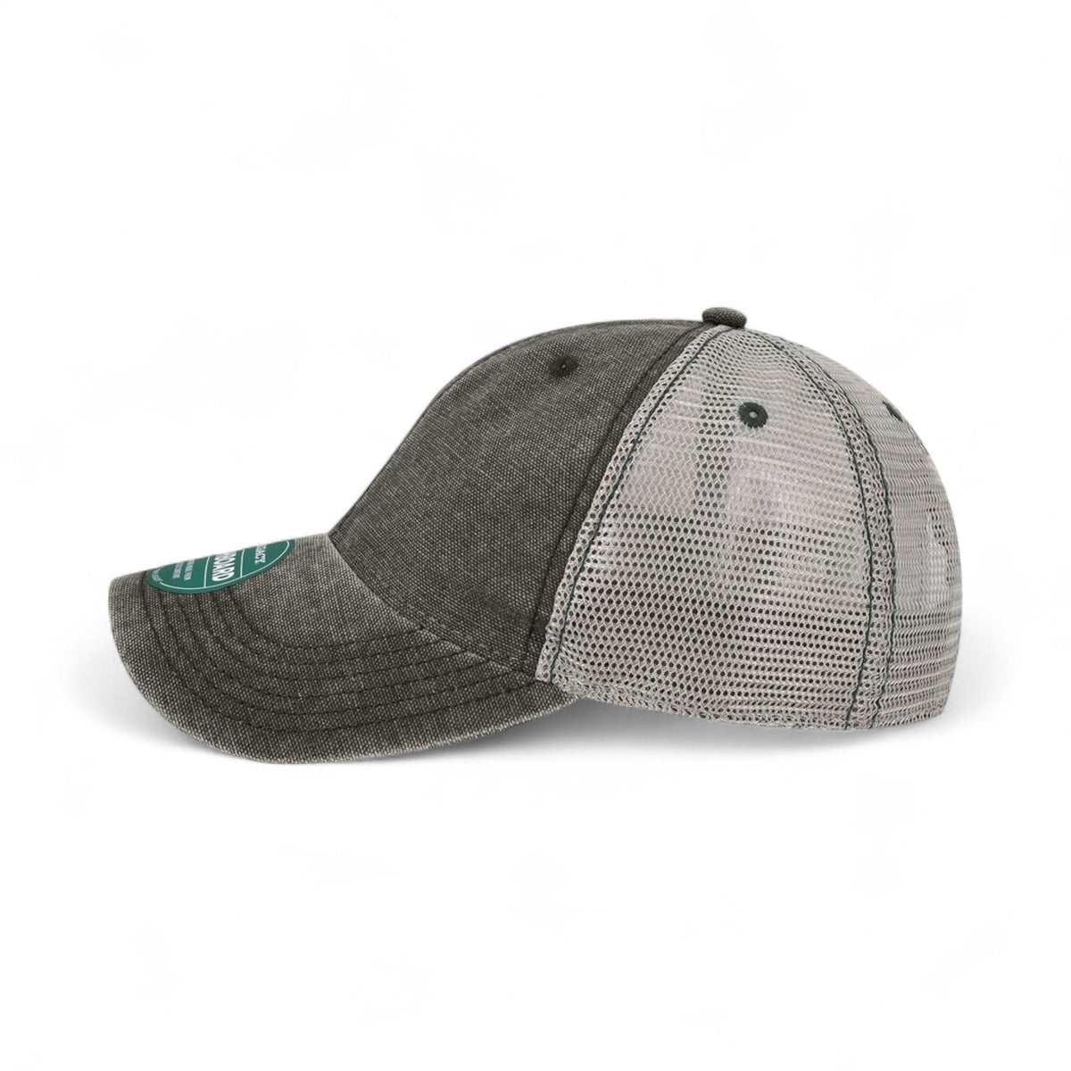 Left side view of Legacy DTA custom hat in black and grey