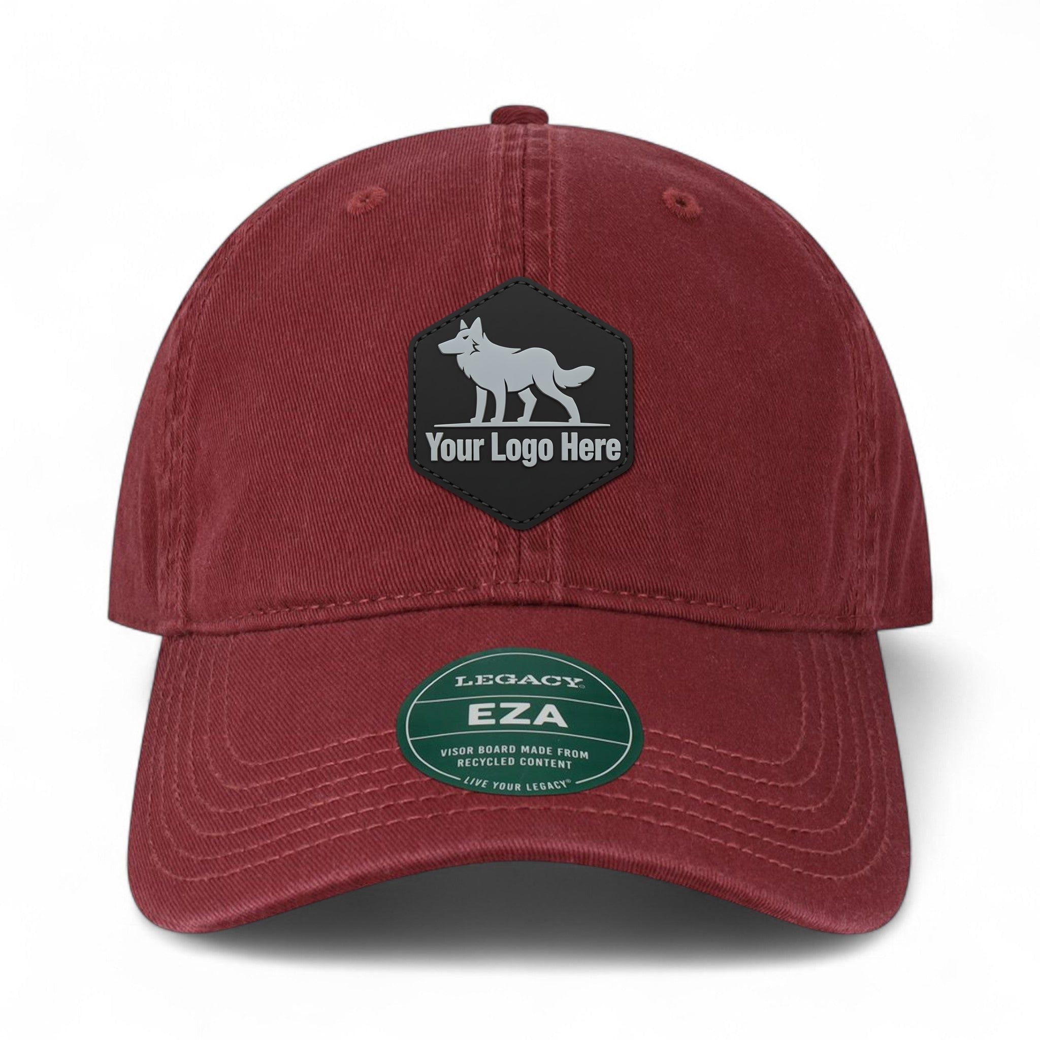 PVC patch preview of Legacy EZA custom hat in burgundy