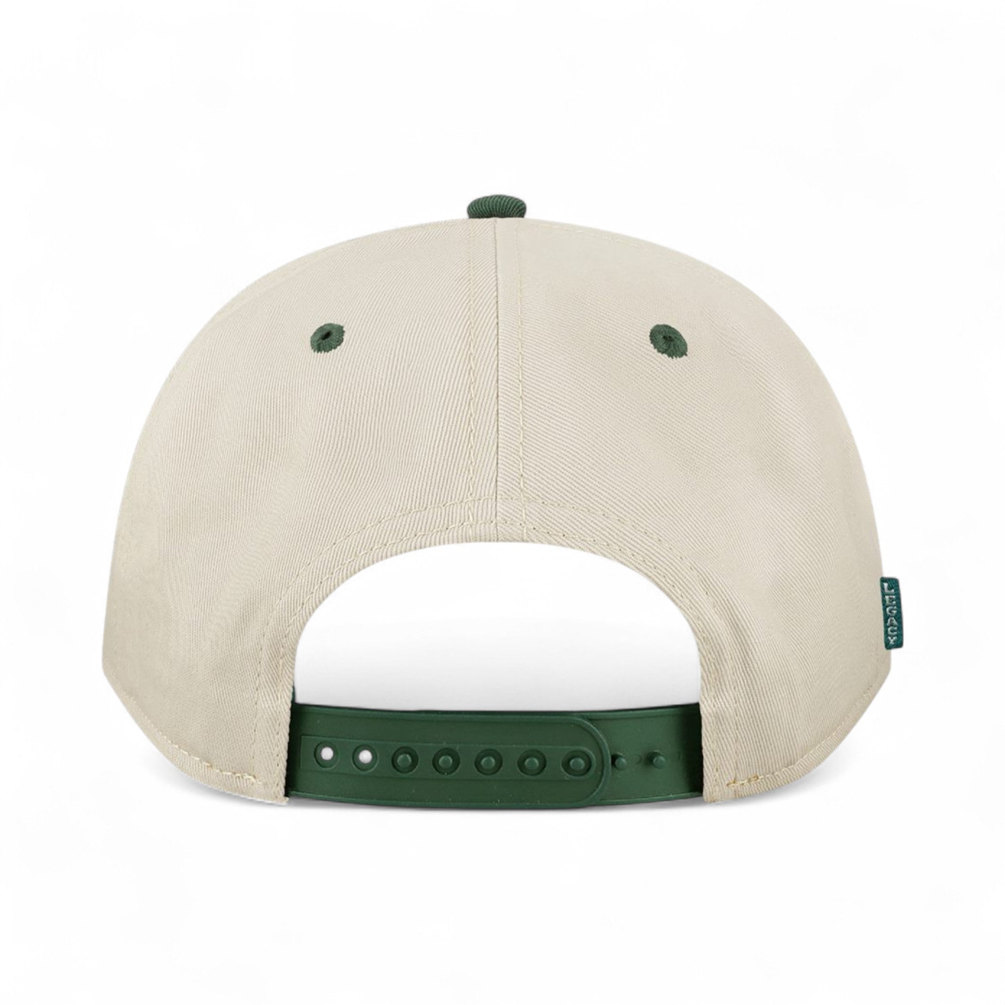 Back view of Legacy HTA custom hat in stone and dark green