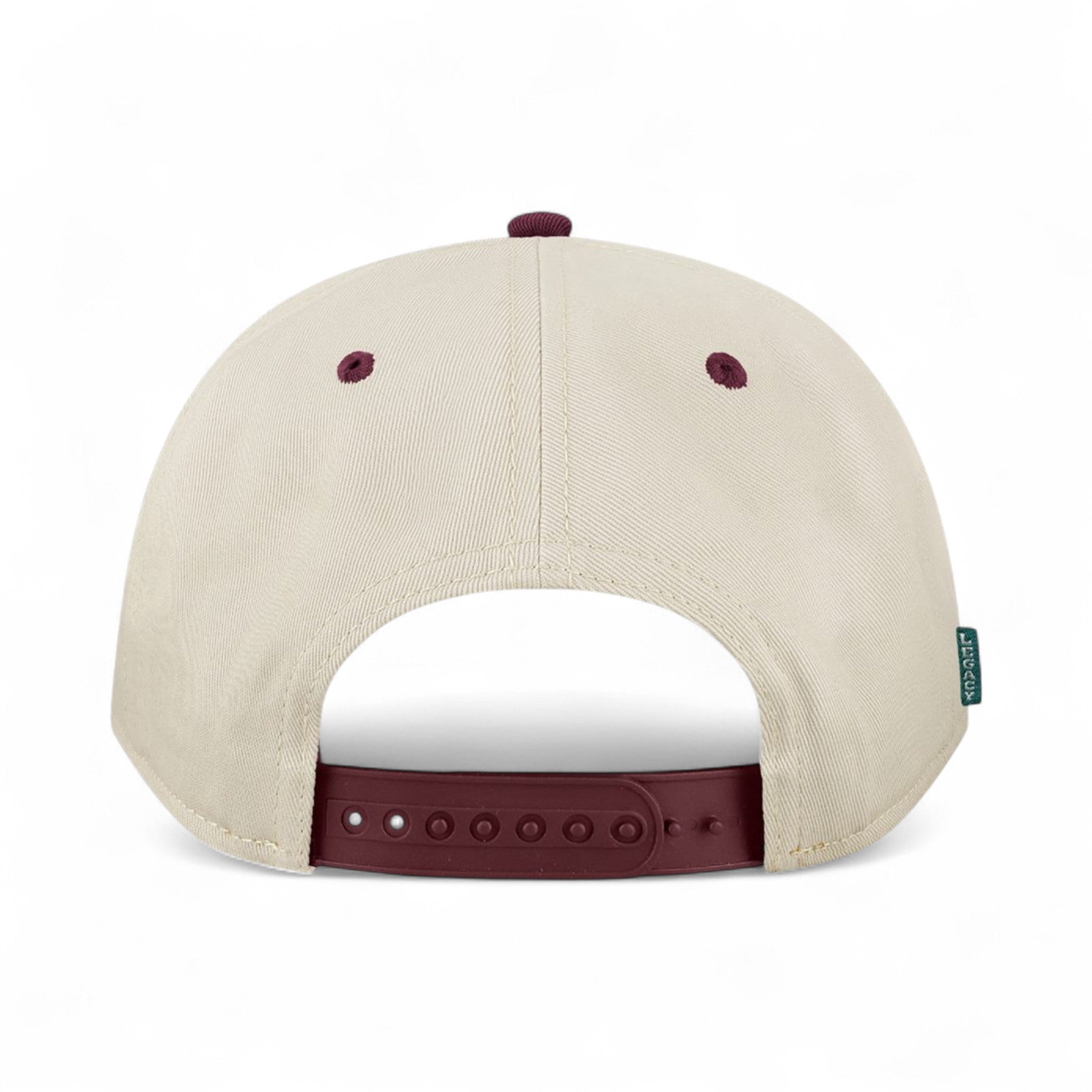 Back view of Legacy HTA custom hat in stone and maroon
