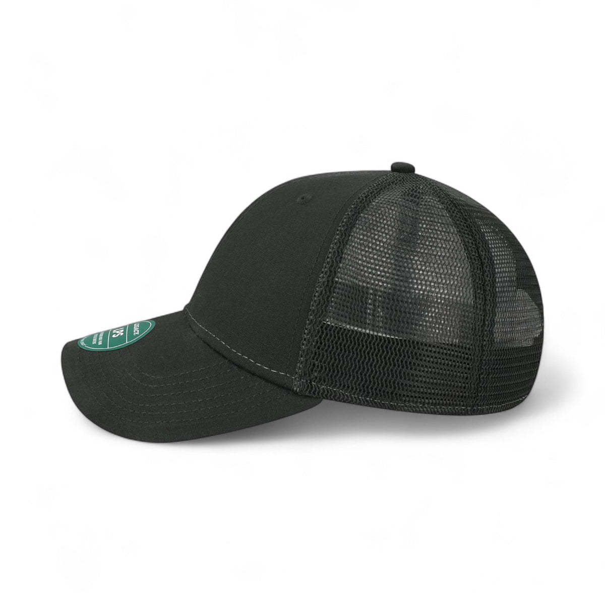 Left side view of Legacy LPS custom hat in black and black