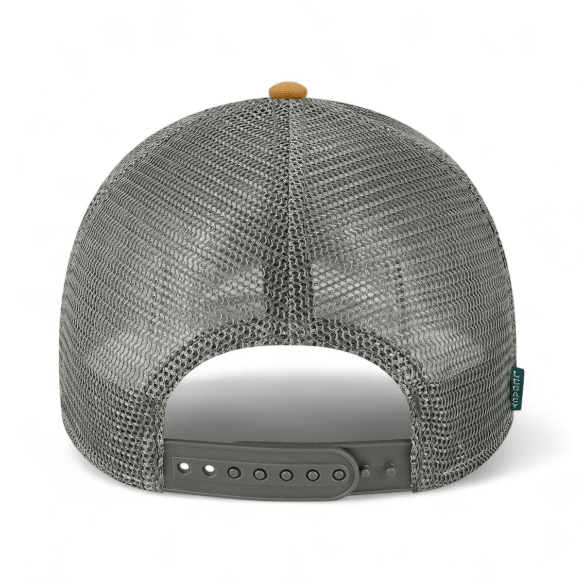 Back view of LEGACY LPS custom hat in caramel and dark grey