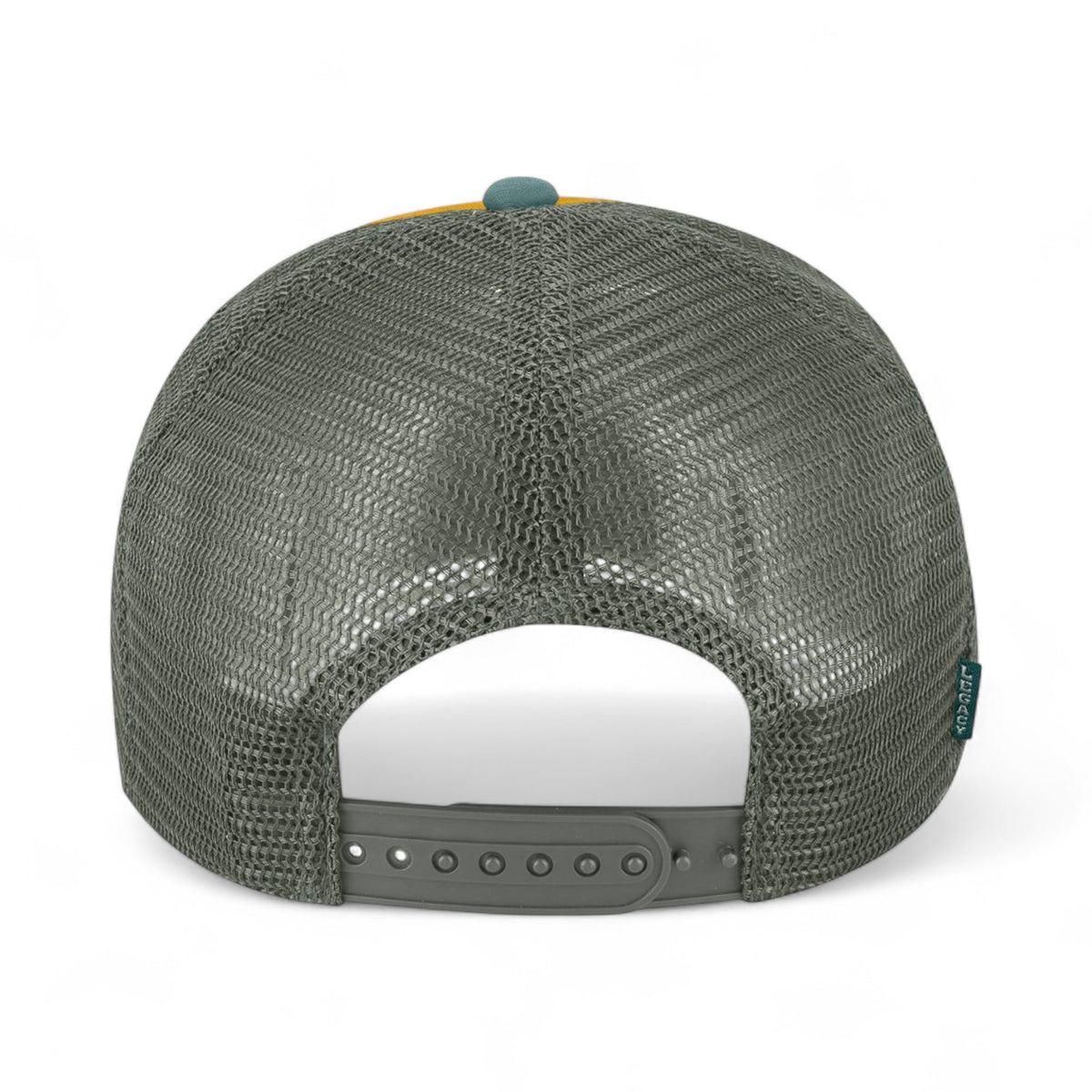 Back view of LEGACY LTA custom hat in bronze and pine green