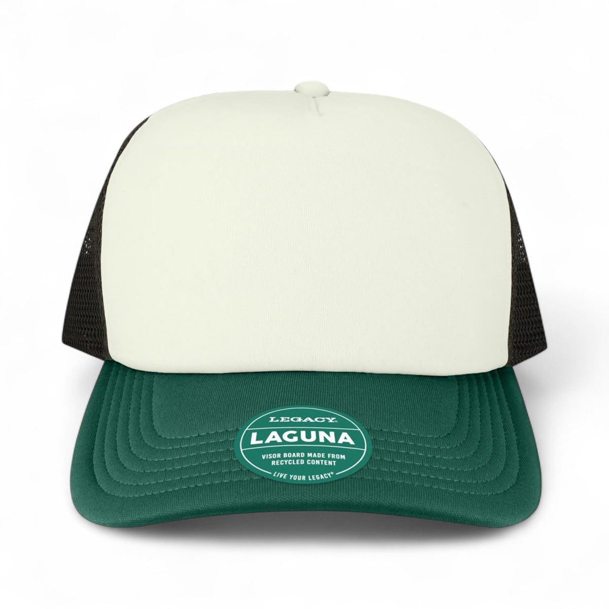 Front view of LEGACY LTA custom hat in cream, green and black