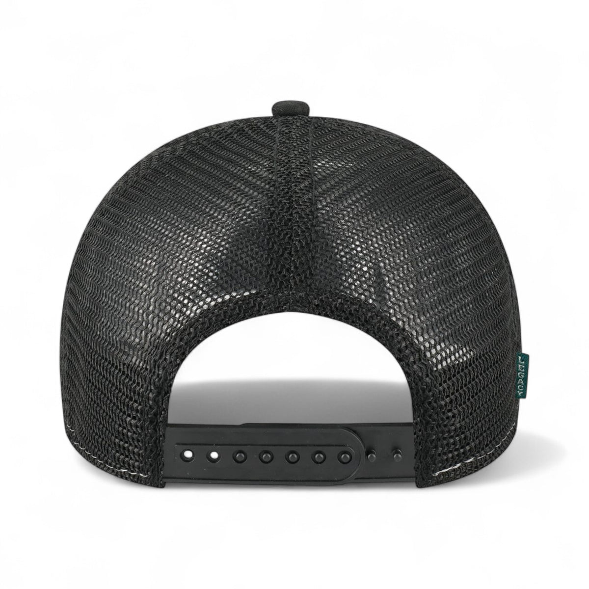 Back view of LEGACY MPS custom hat in black and black