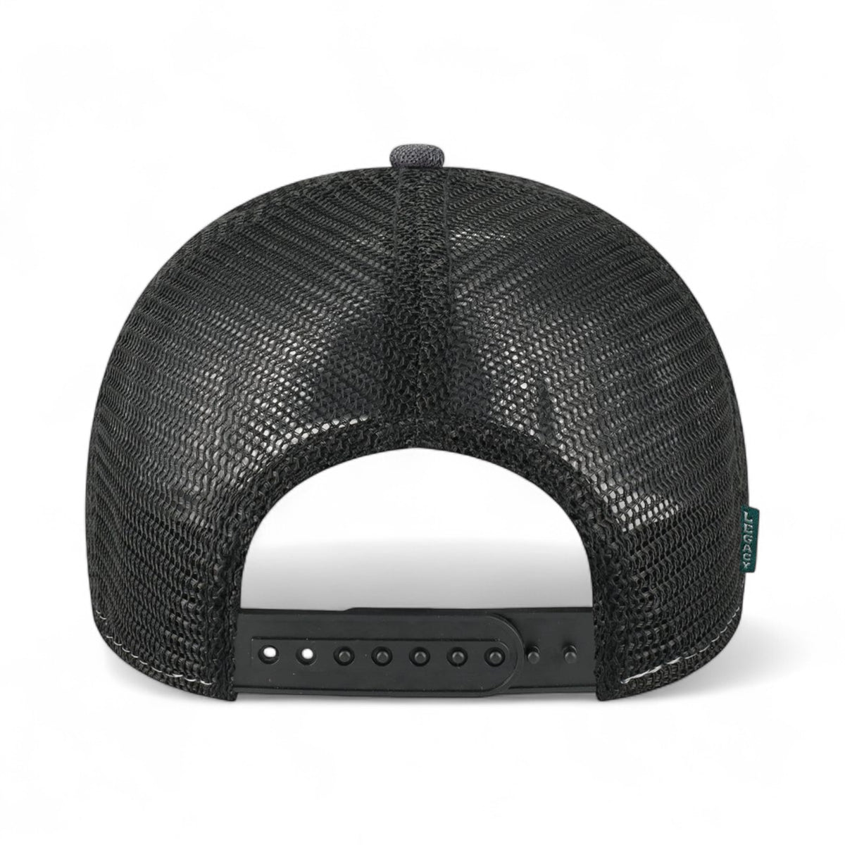 Back view of LEGACY MPS custom hat in black and camo