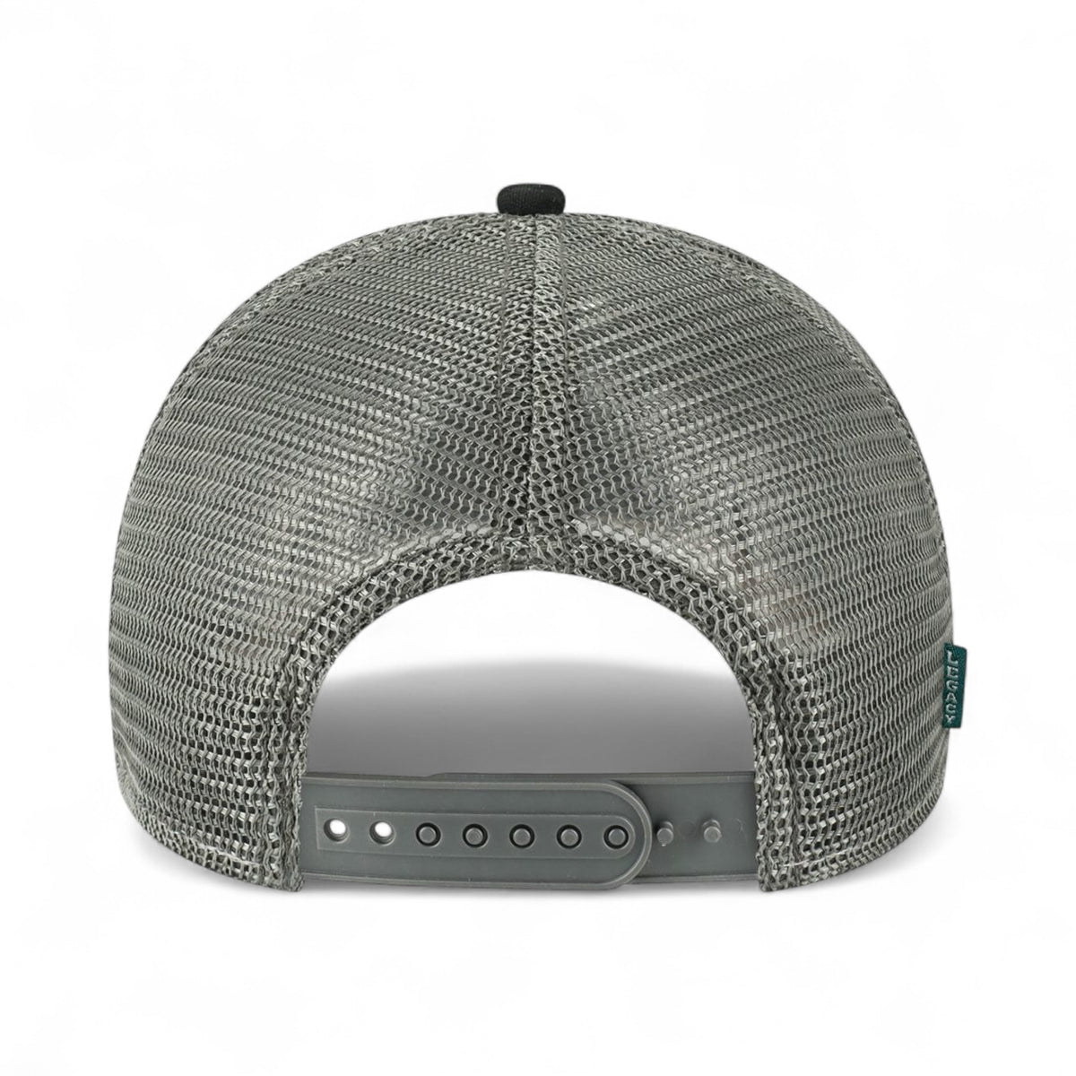 Back view of LEGACY MPS custom hat in black, caramel and dark grey