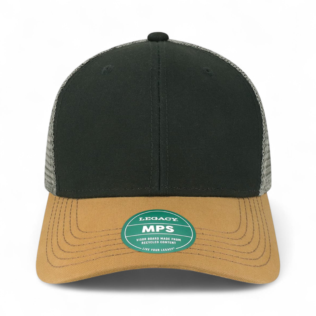 Front view of LEGACY MPS custom hat in black, caramel and dark grey
