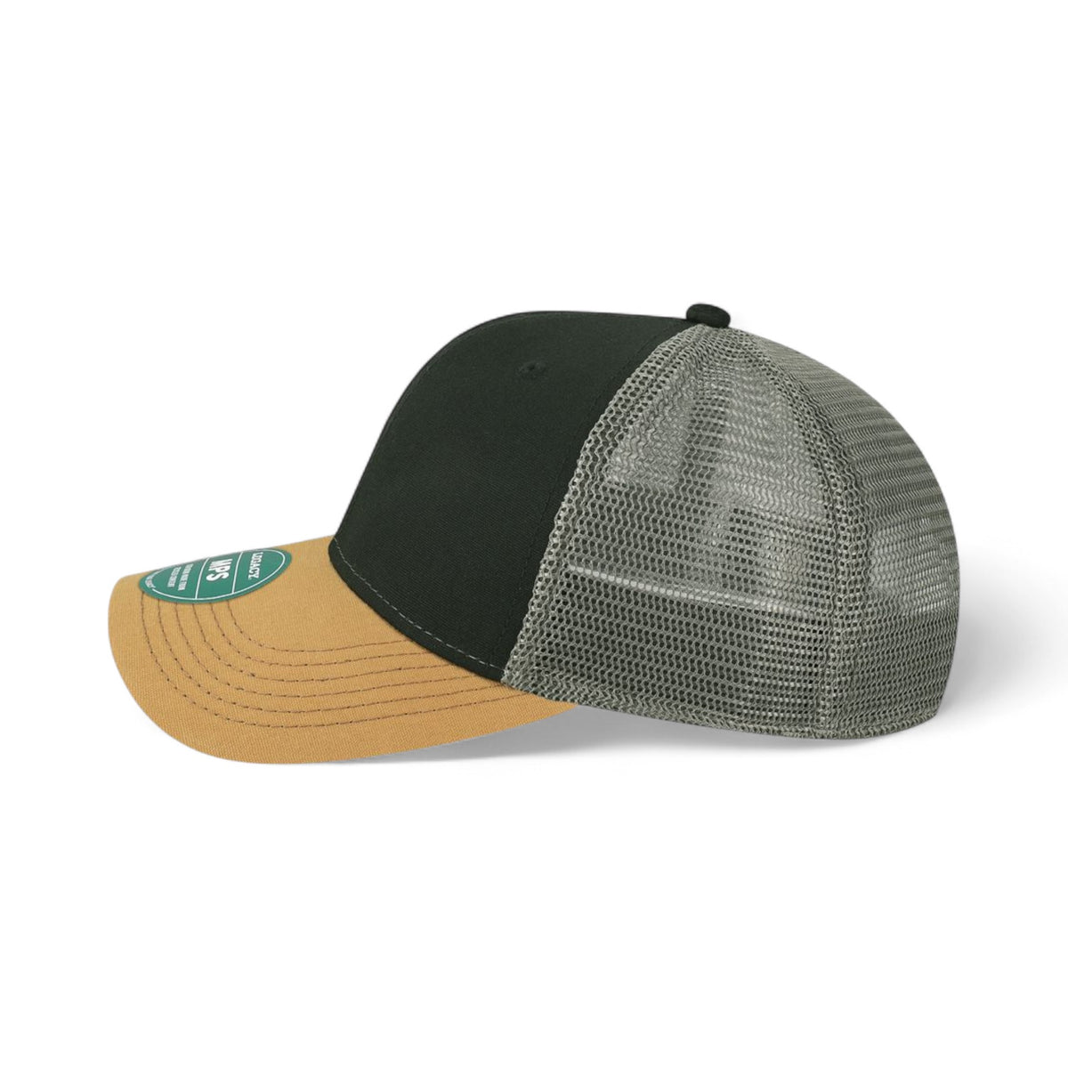 Left side view of Legacy MPS custom hat in black, caramel and dark grey
