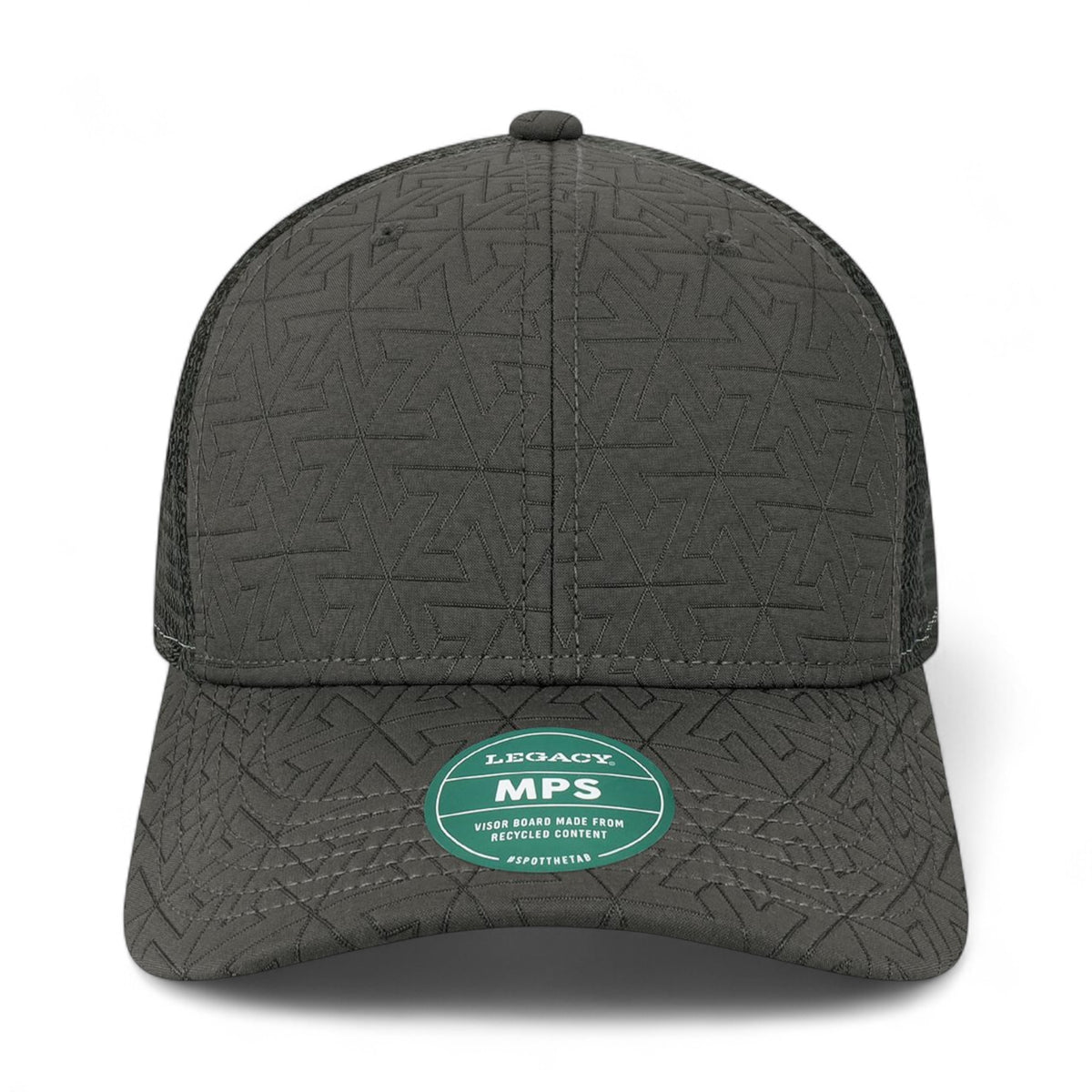 Front view of LEGACY MPS custom hat in black z - quilted