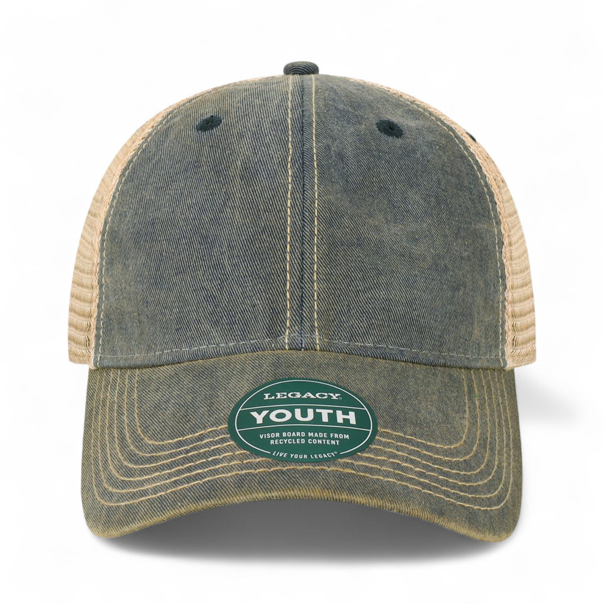 Front view of LEGACY OFAY custom hat in navy and khaki
