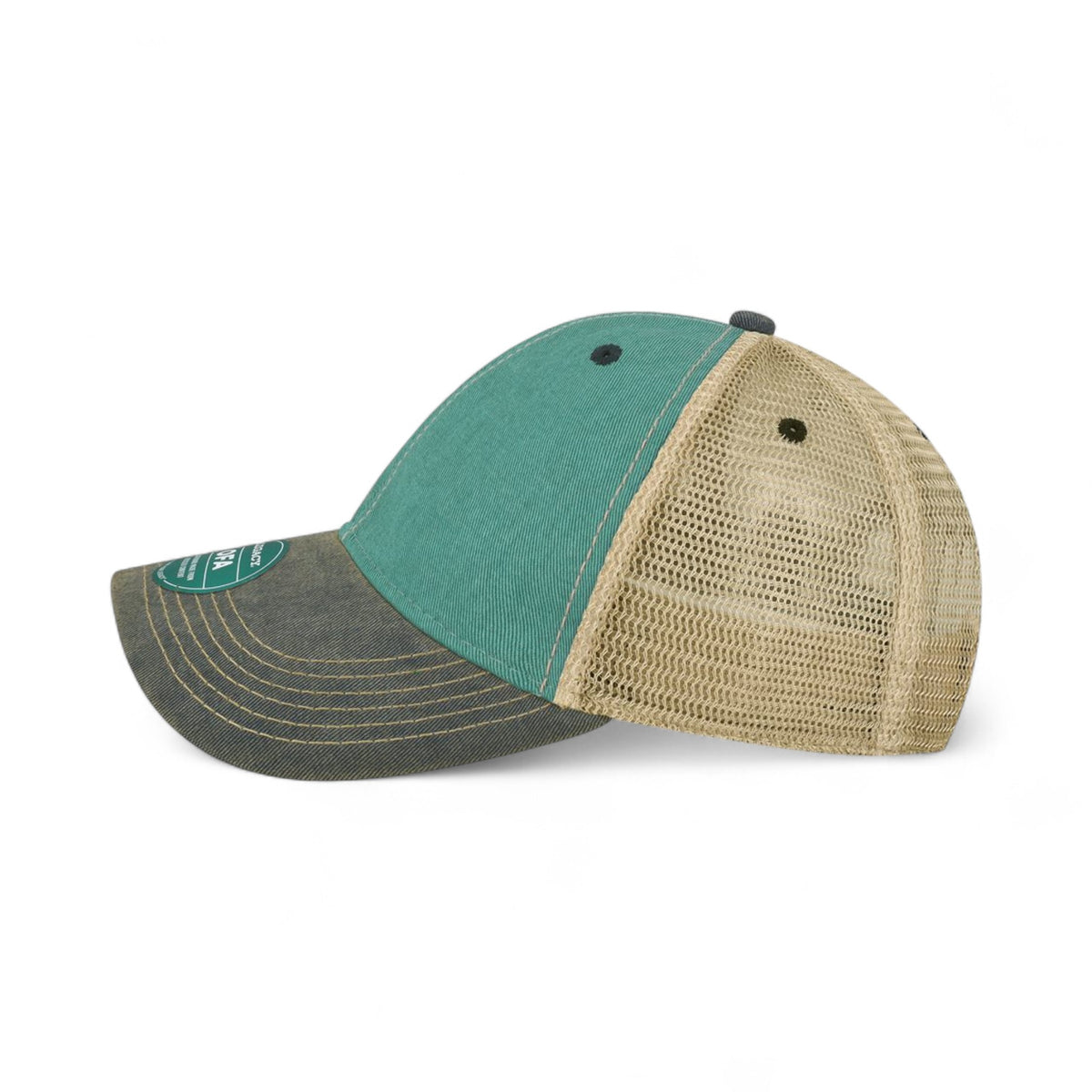 Left side view of Legacy OFA custom hat in aqua blue and navy