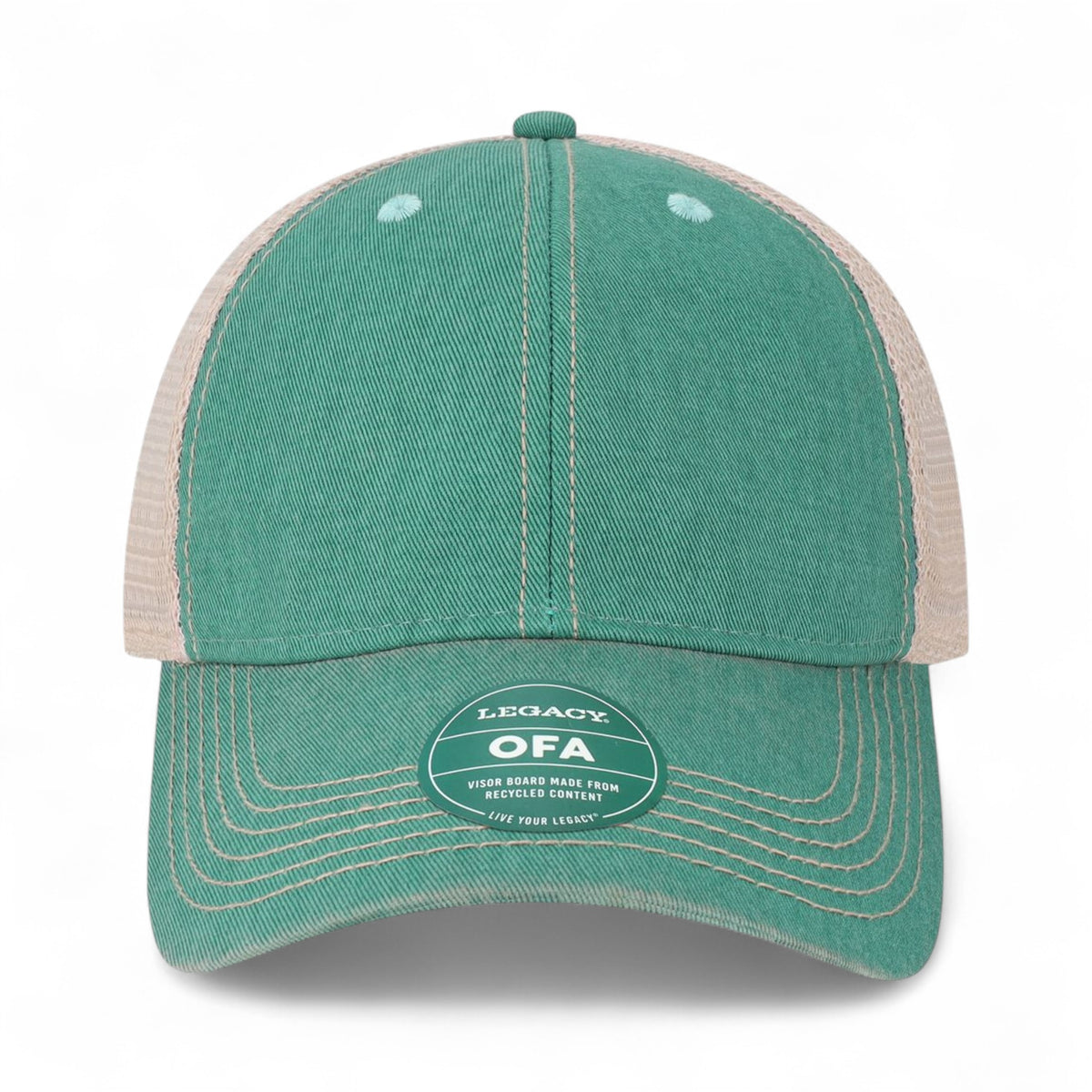 Front view of LEGACY OFA custom hat in aqua and khaki