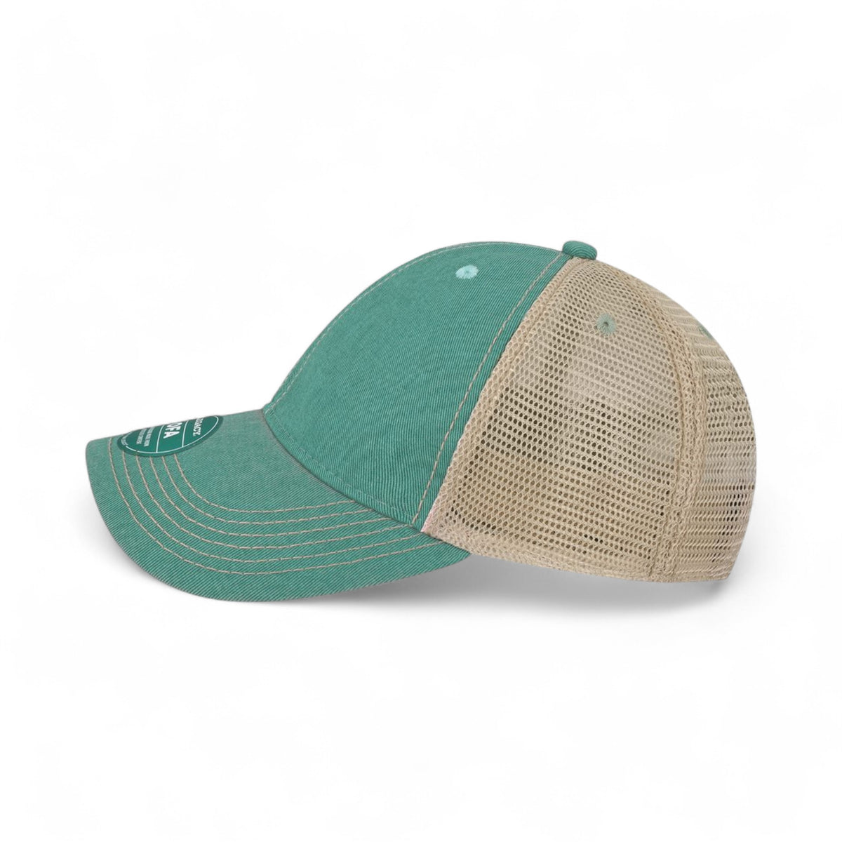 Left side view of Legacy OFA custom hat in aqua and khaki