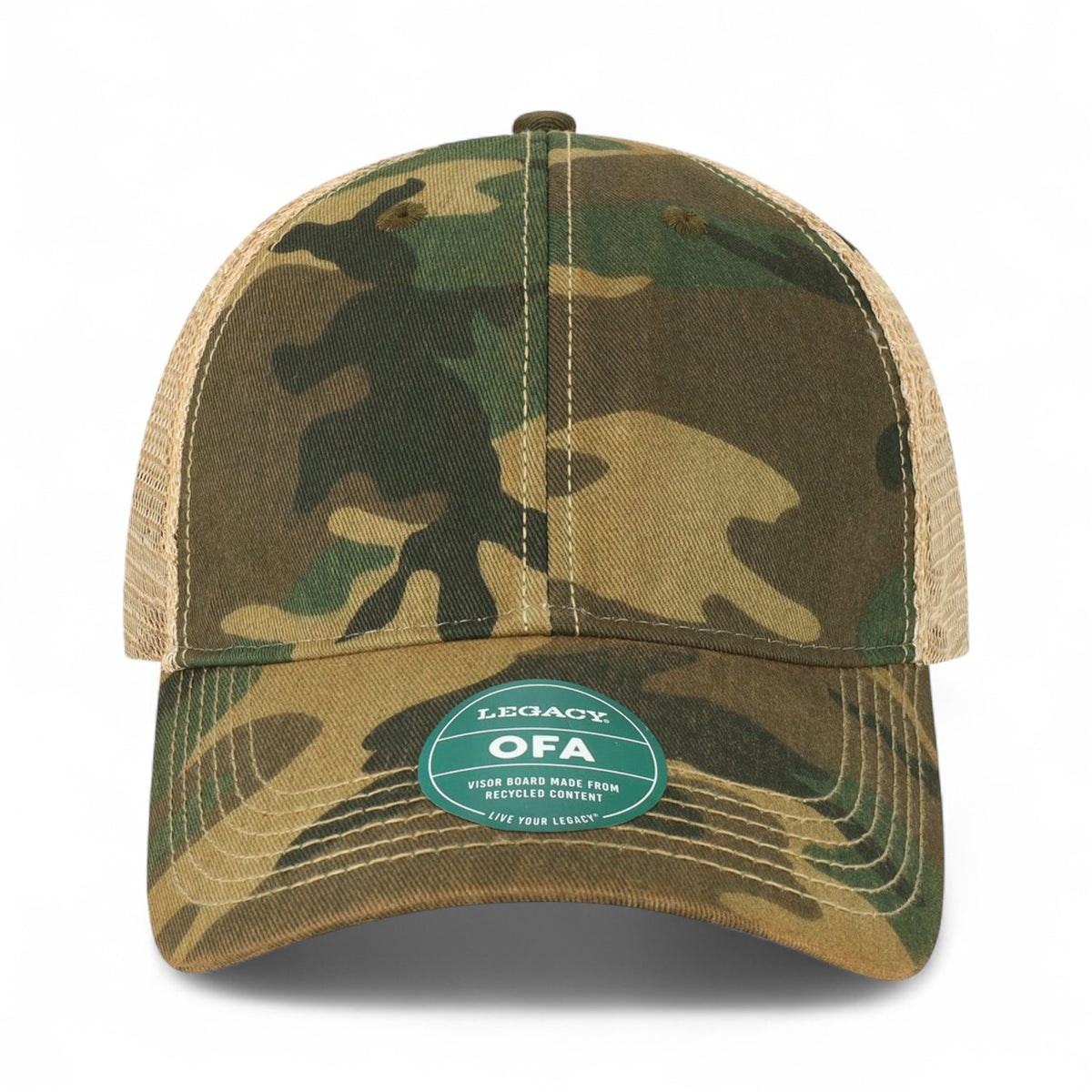 Front view of LEGACY OFA custom hat in army camo and khaki