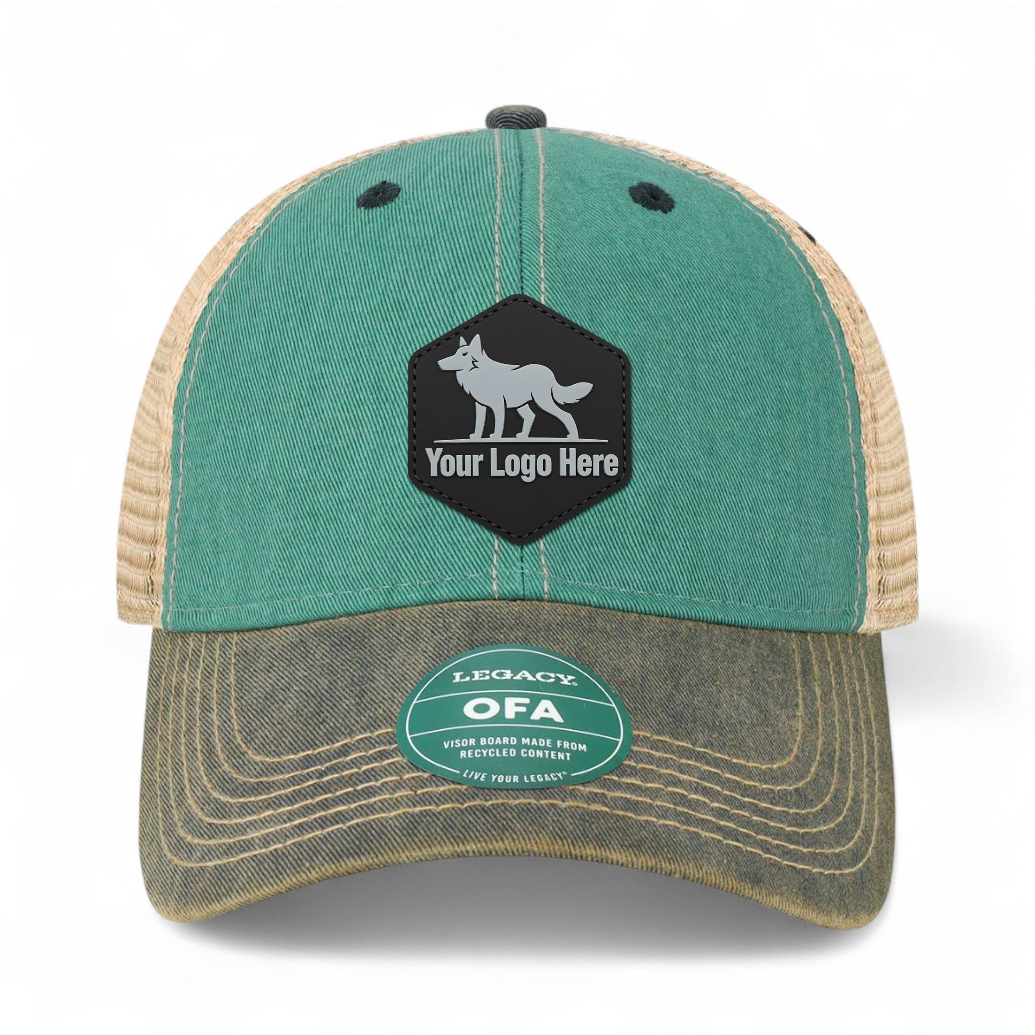 PVC patch preview of Legacy OFA custom hat in aqua blue and navy
