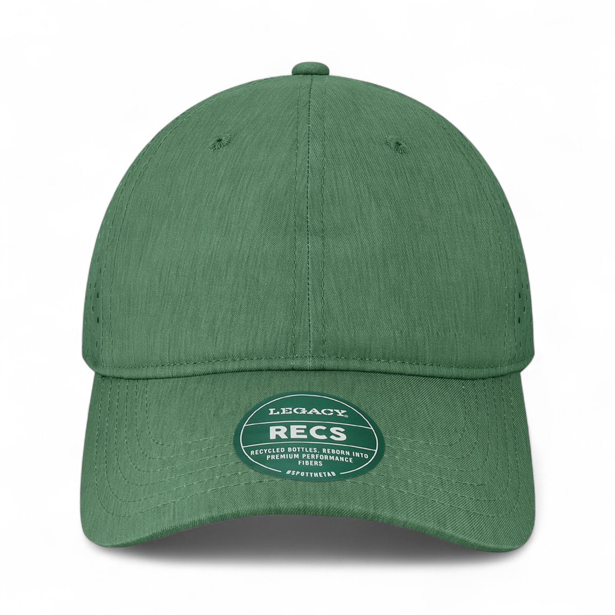 Front view of LEGACY RECS custom hat in eco dark green