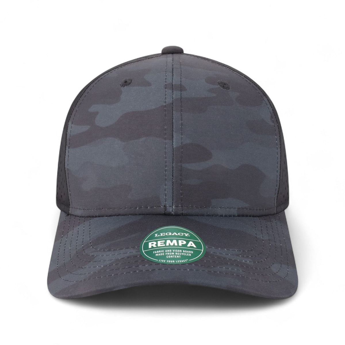 Front view of LEGACY REMPA custom hat in black camo