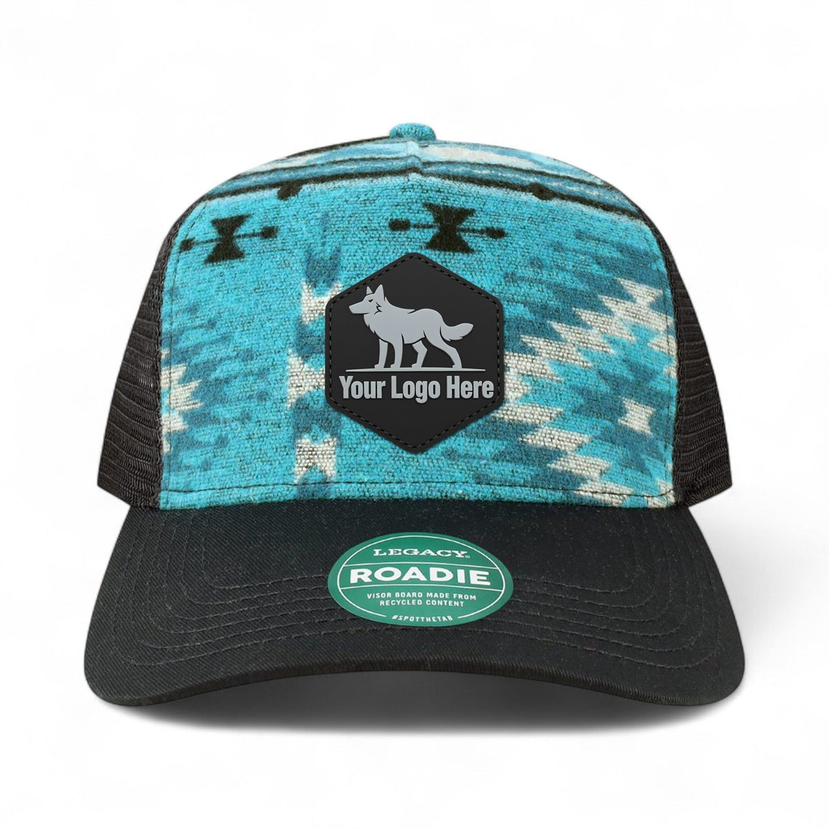 PVC patch preview of Legacy ROADIE custom hat in aqua aztec and black
