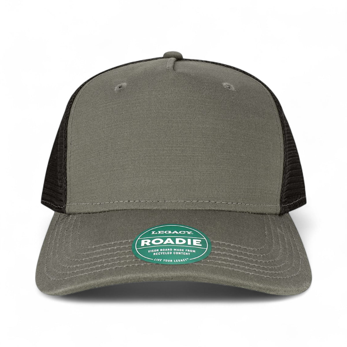 Front view of LEGACY ROADIE custom hat in charcoal slub and black