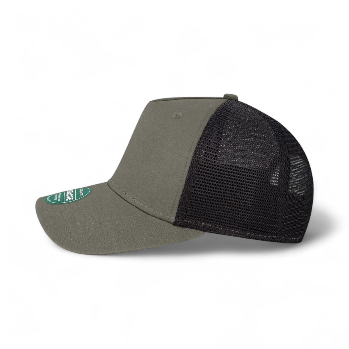 Left side view of Legacy ROADIE custom hat in charcoal slub and black