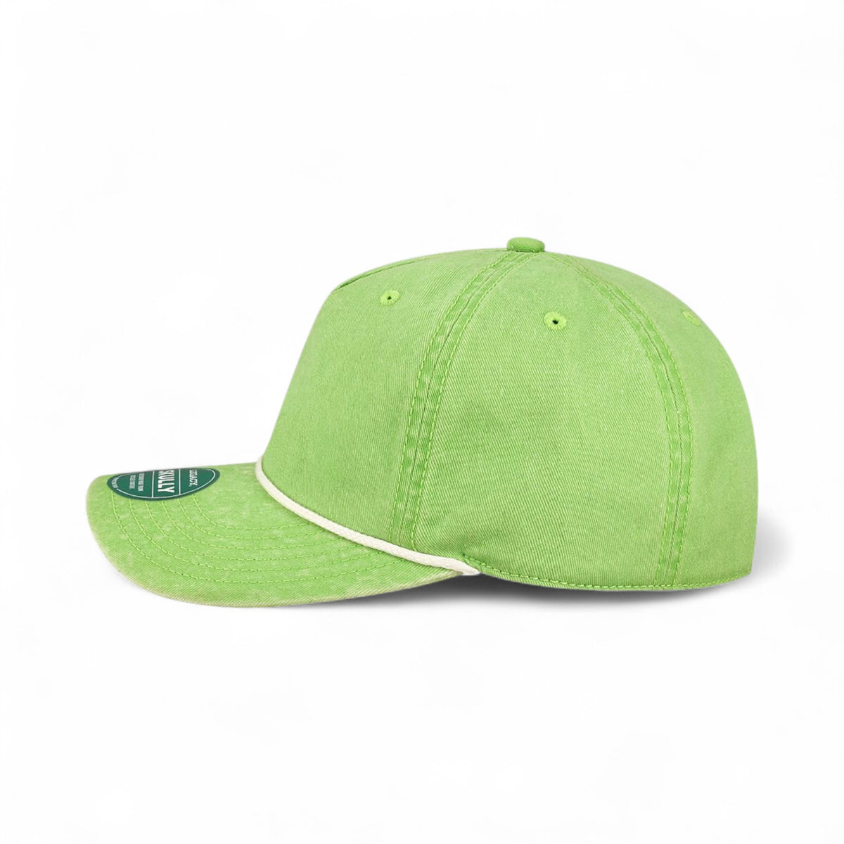 Left side view of Legacy SKULLY custom hat in lime green