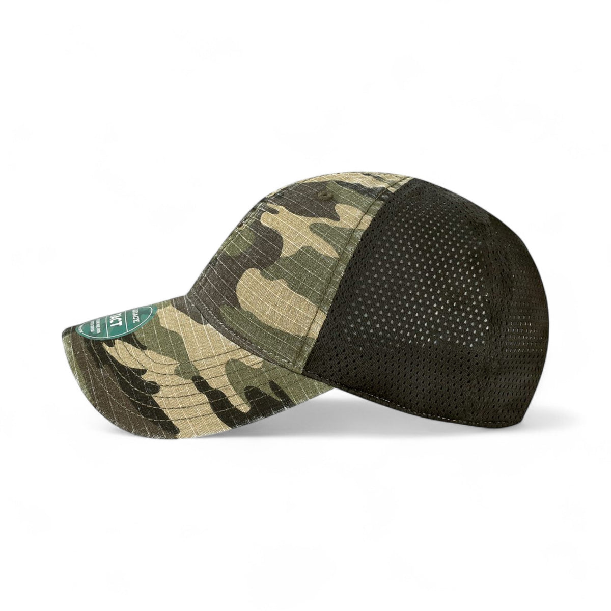 Left side view of Legacy TACT custom hat in army camo and black