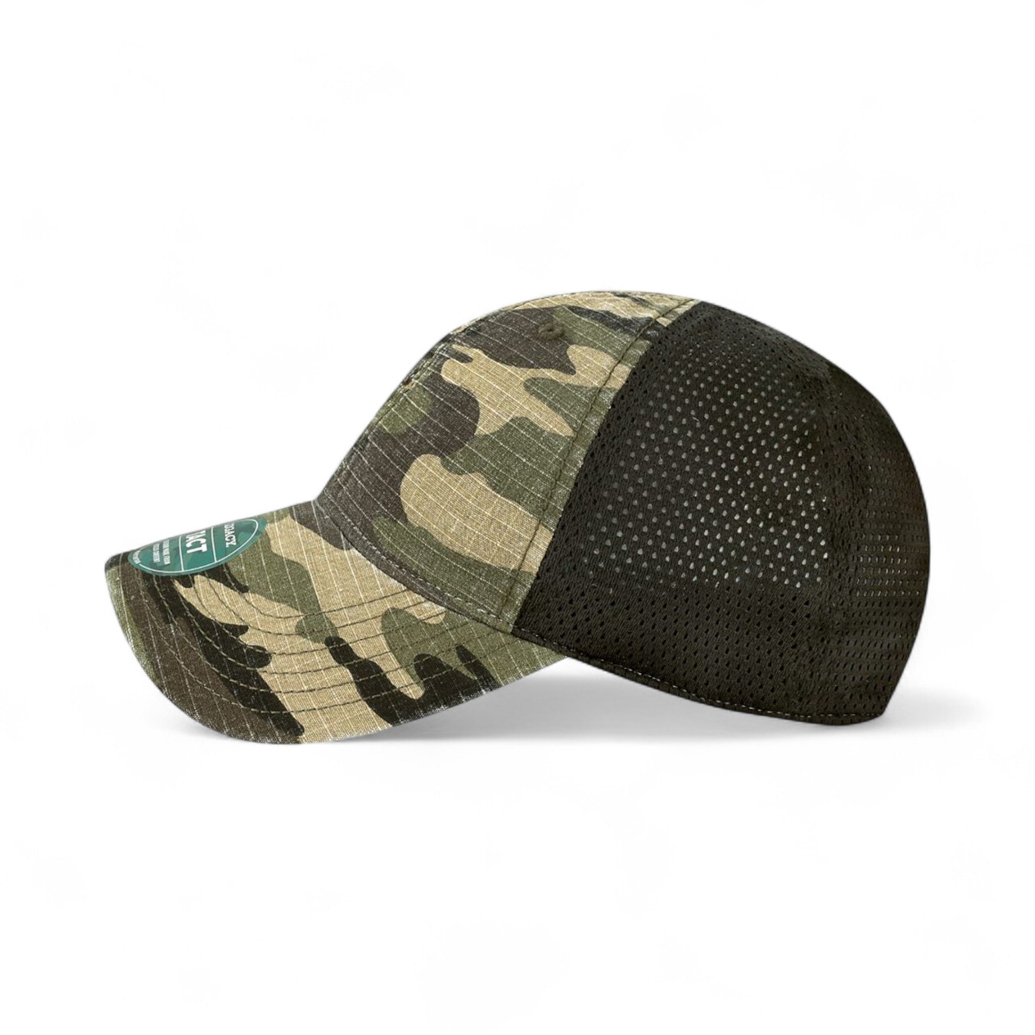 Left side view of Legacy TACT custom hat in army camo and black