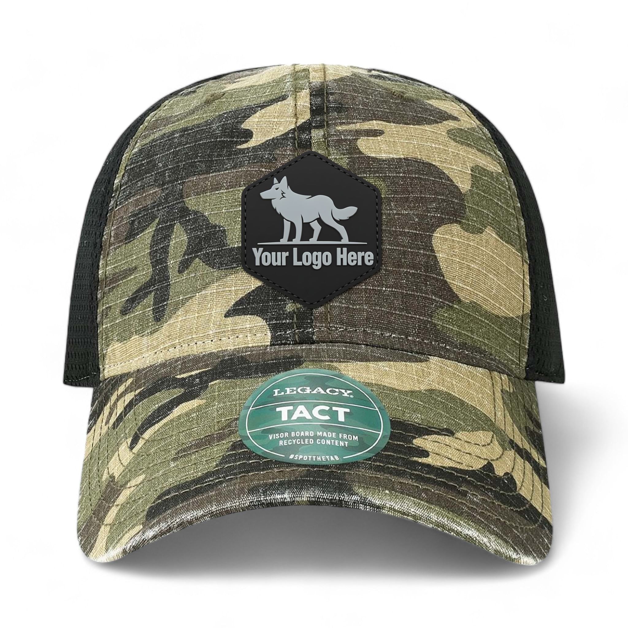 PVC patch preview of Legacy TACT custom hat in army camo and black