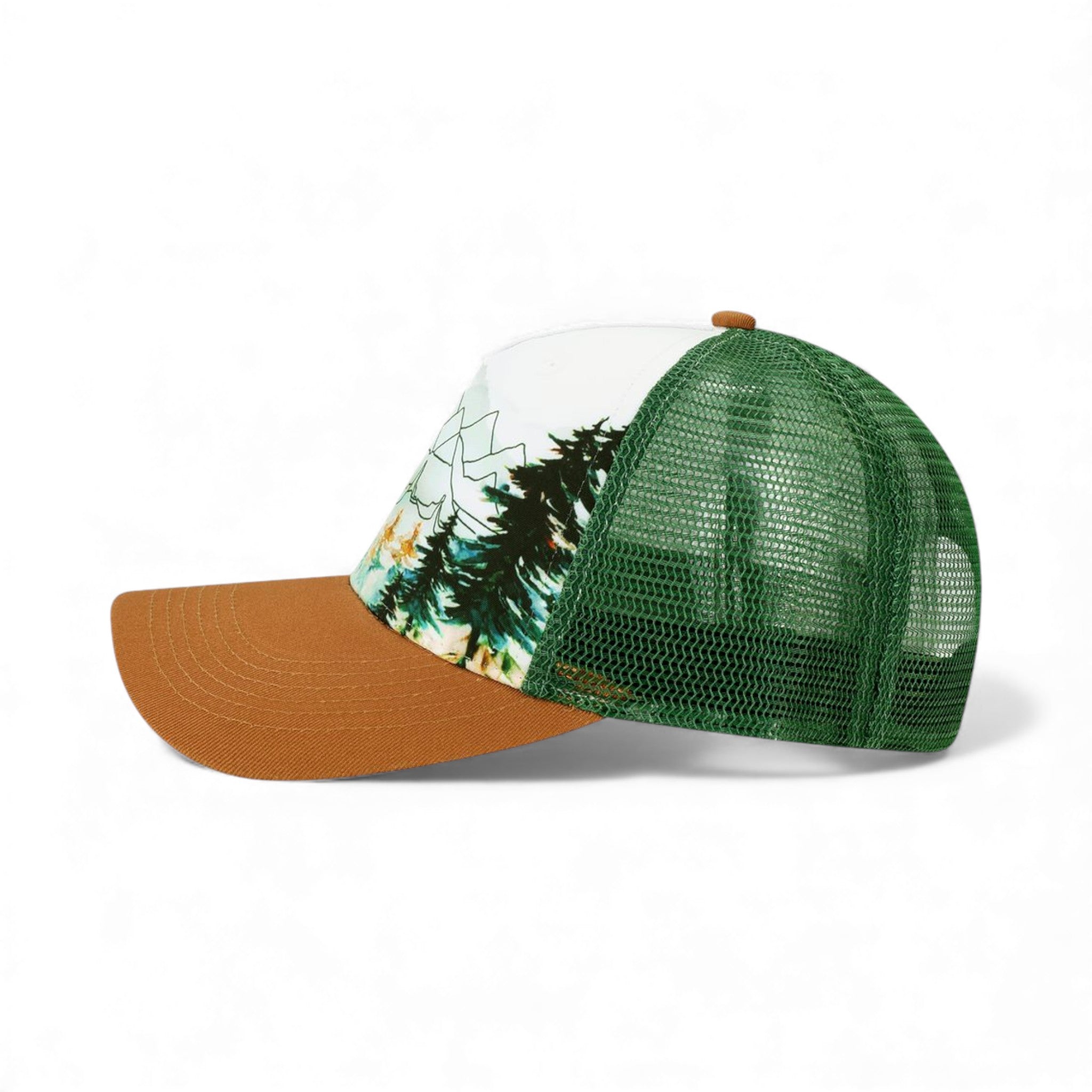 Left side view of Locale 5PTKR custom hat in explorer and brown