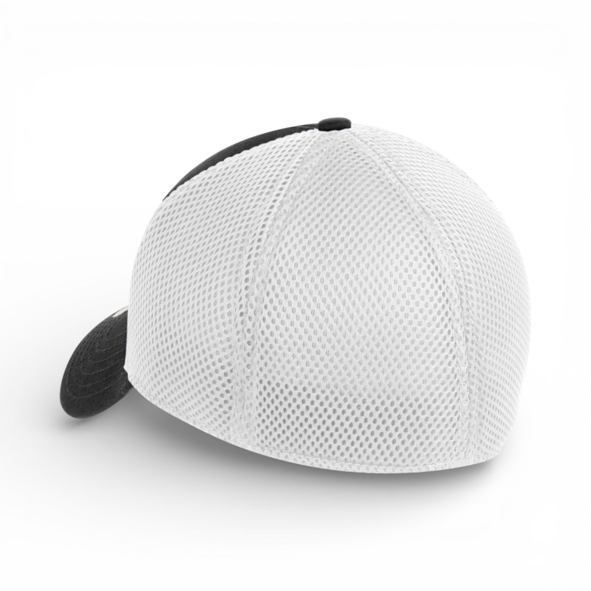 Back view of New Era NE1020 custom hat in black and white