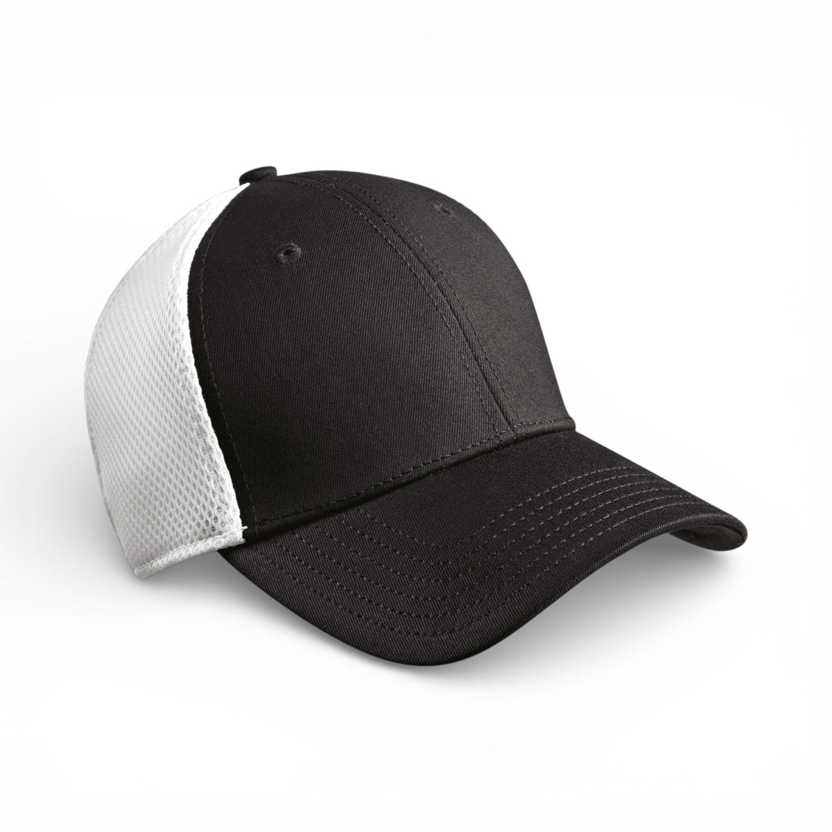 Right side view of New Era NE1020 custom hat in black and white