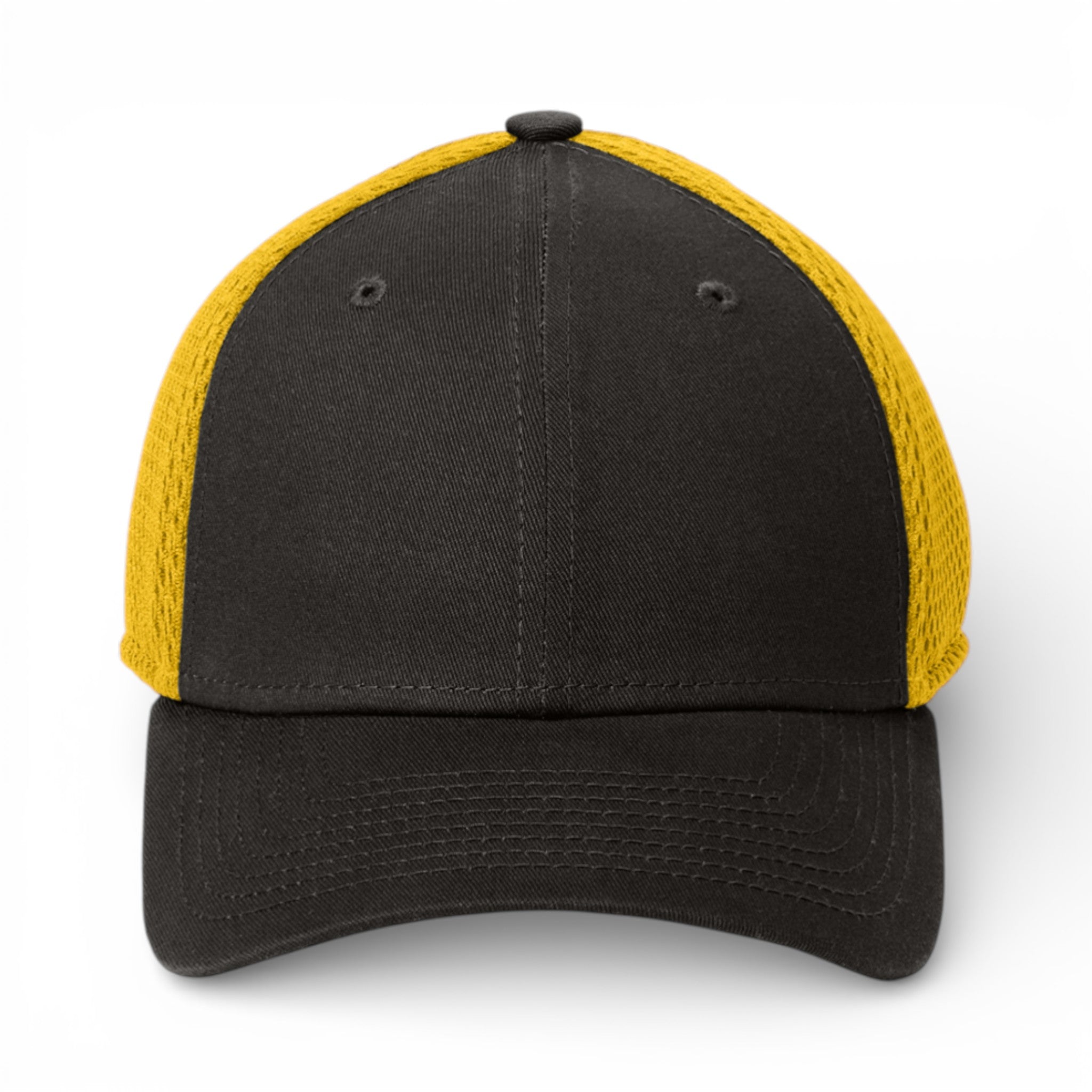 Front view of New Era NE1020 custom hat in black and gold