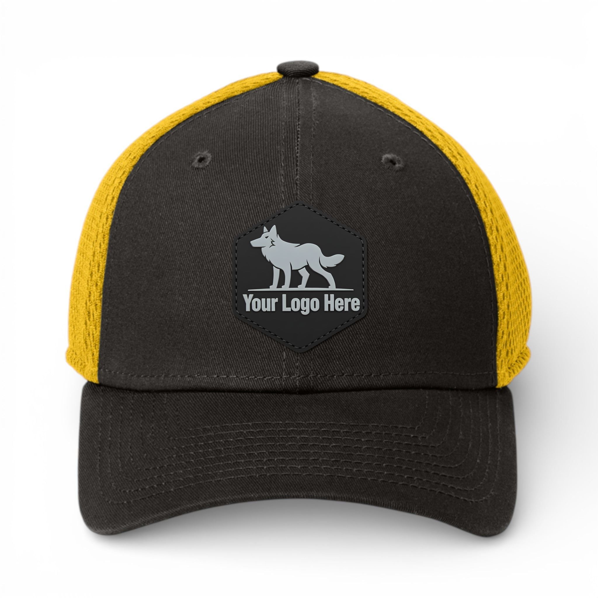 PVC patch preview of New Era NE1020 custom hat in black and gold