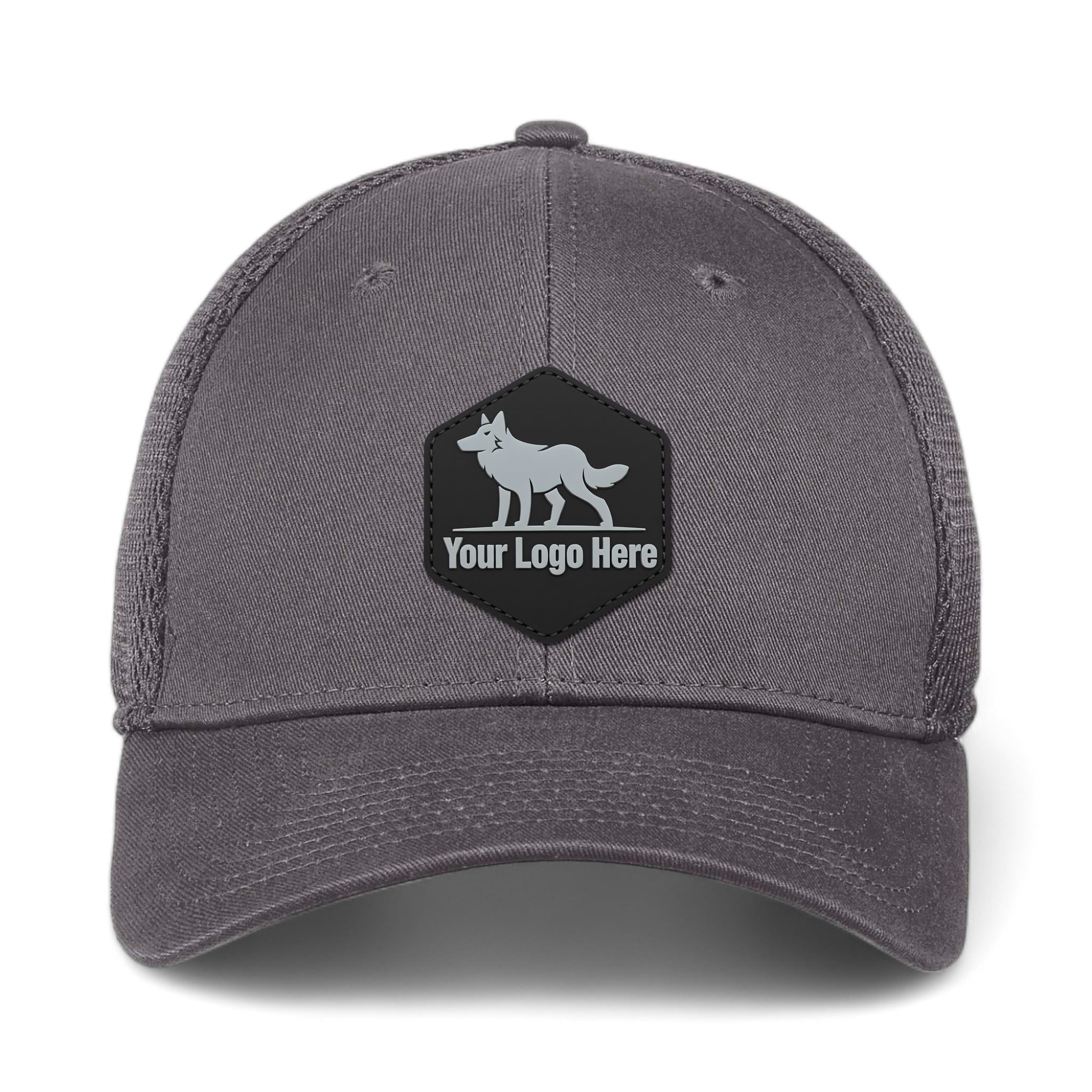 PVC patch preview of New Era NE1020 custom hat in charcoal and charcoal