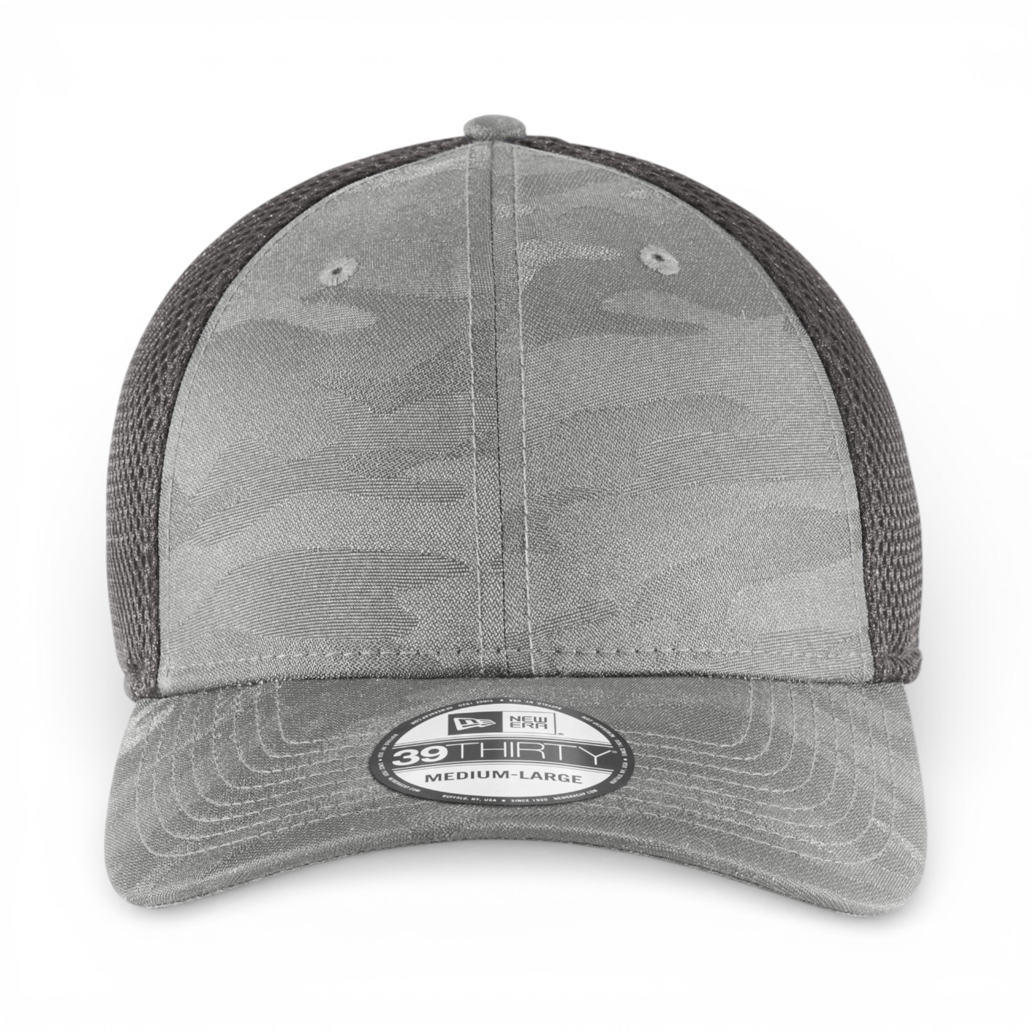 Front view of New Era NE1091 custom hat in rainstorm grey camo and graphite