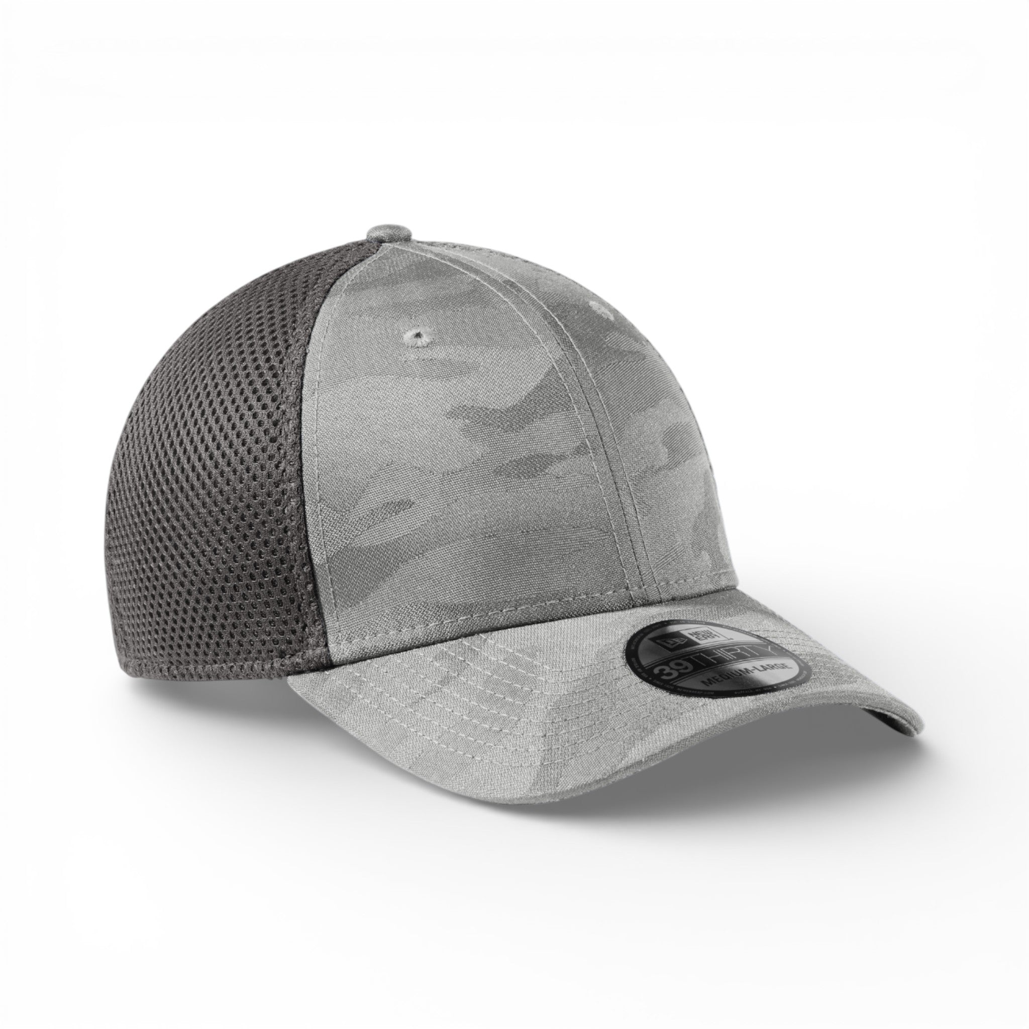 Right side view of New Era NE1091 custom hat in rainstorm grey camo and graphite