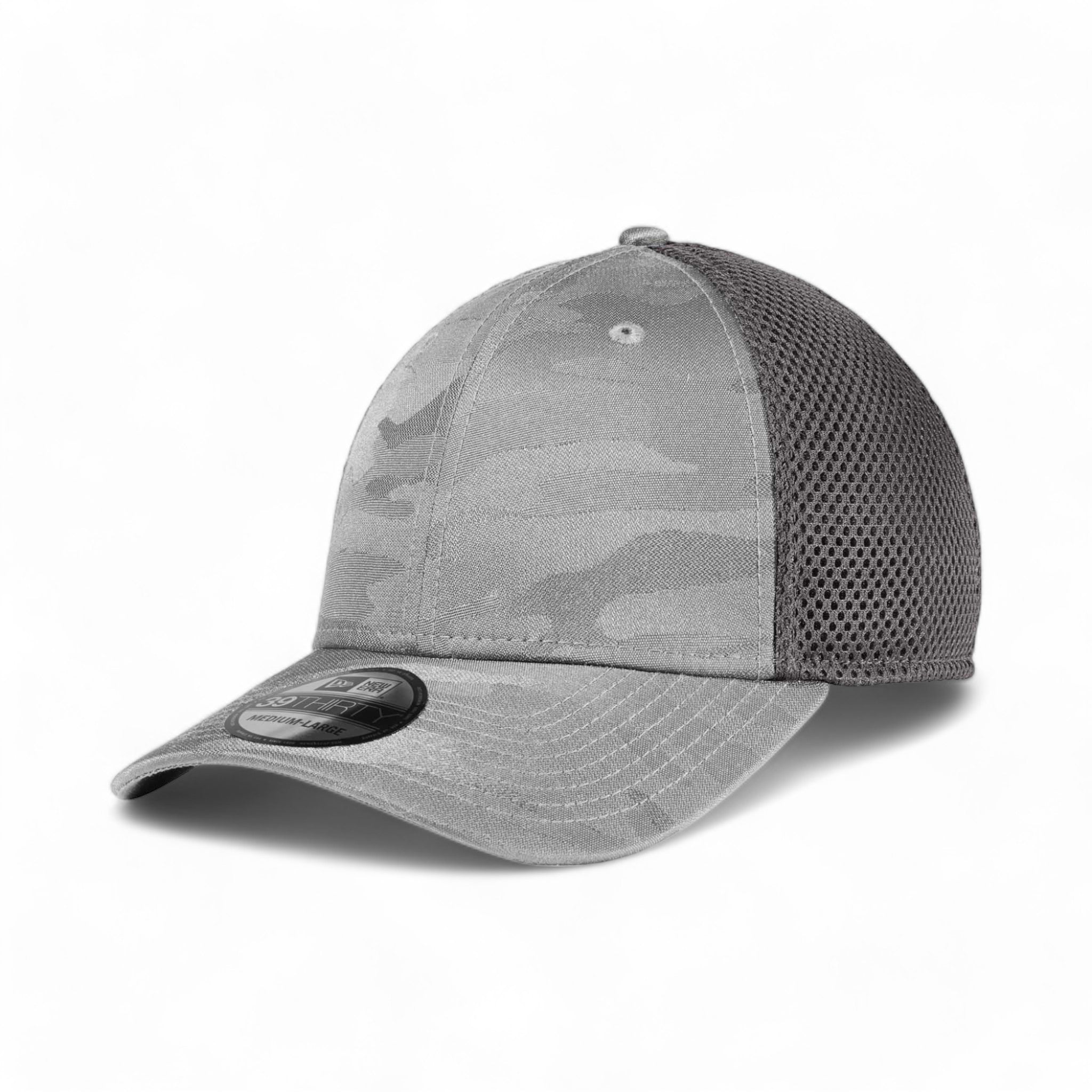 Side view of New Era NE1091 custom hat in rainstorm grey camo and graphite